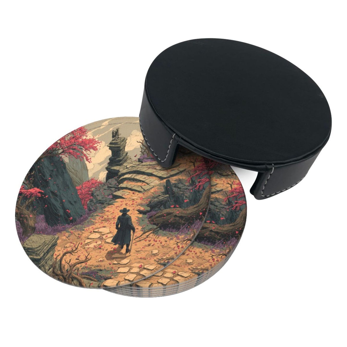 Vintage Fantasy Style Round Coaster Set with Leather Holder
