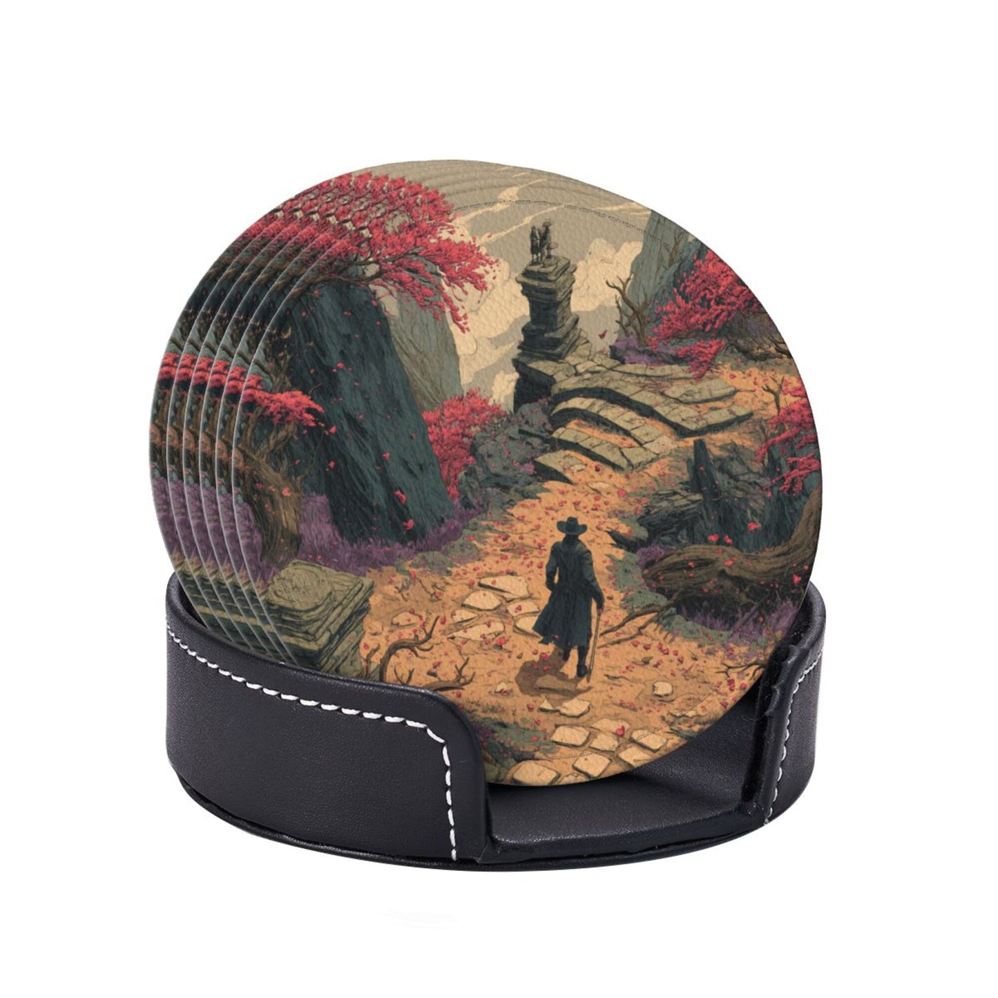 Vintage Fantasy Style Round Coaster Set with Leather Holder