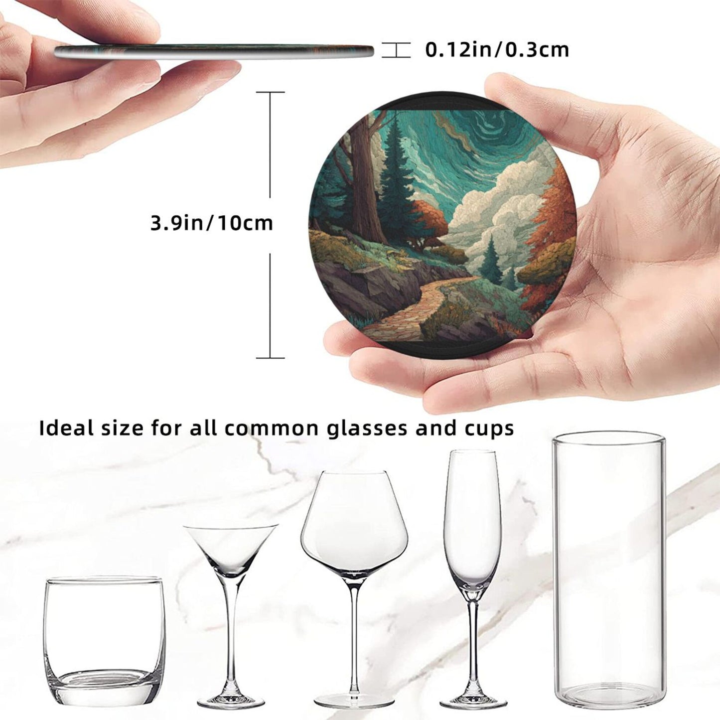 Vintage Art Landscape Round Coaster Set with Holder – Nature Path & Forest Illustration Design