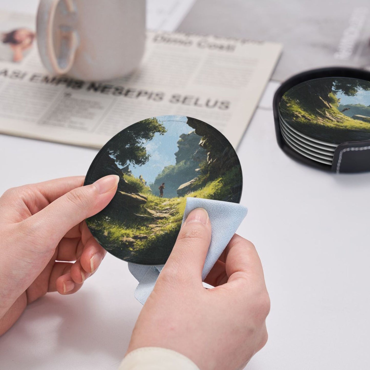 Vintage Landscape Art Round Coaster Set (6 Pieces with Storage Holder)