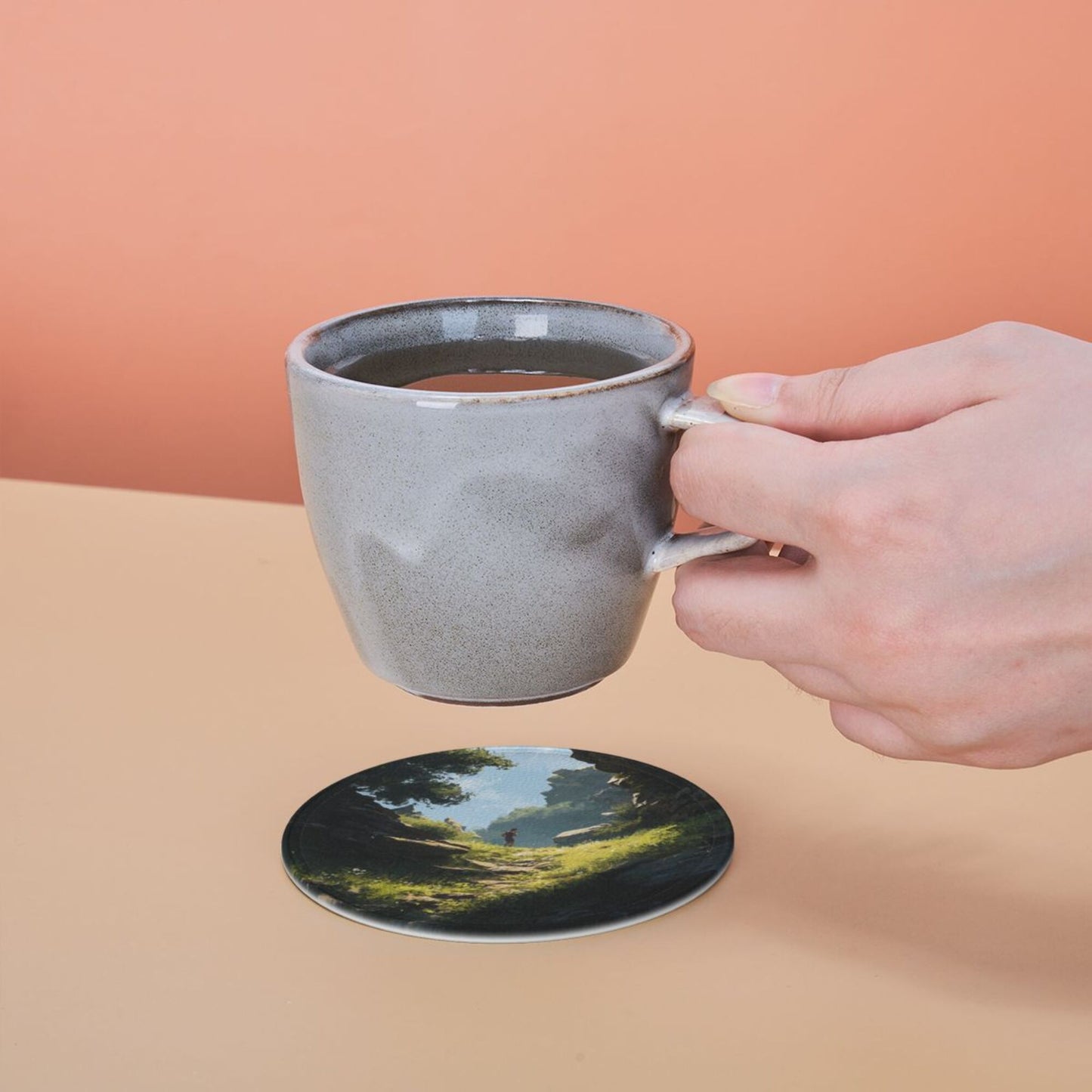 Vintage Landscape Art Round Coaster Set (6 Pieces with Storage Holder)