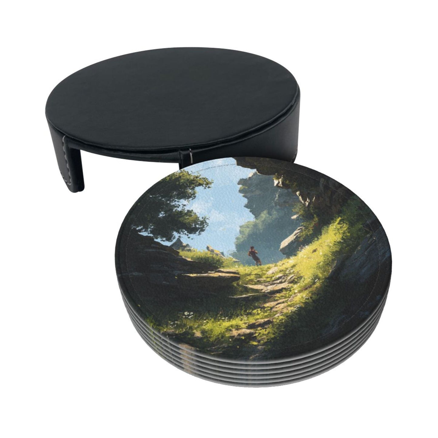 Vintage Landscape Art Round Coaster Set (6 Pieces with Storage Holder)