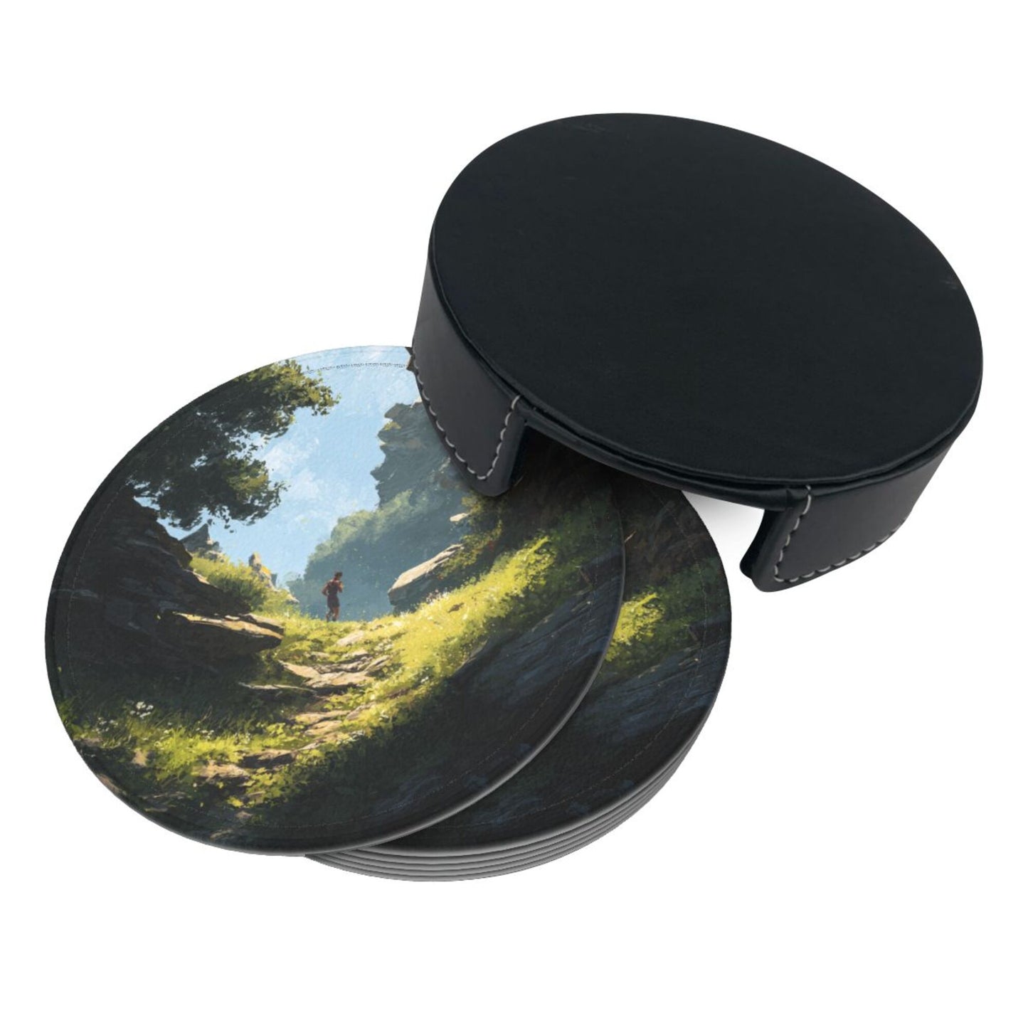 Vintage Landscape Art Round Coaster Set (6 Pieces with Storage Holder)