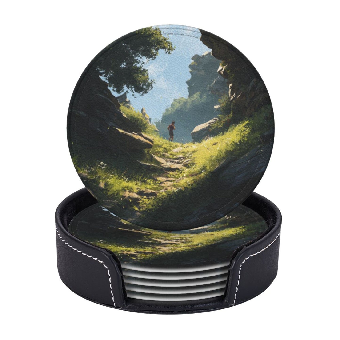 Vintage Landscape Art Round Coaster Set (6 Pieces with Storage Holder)
