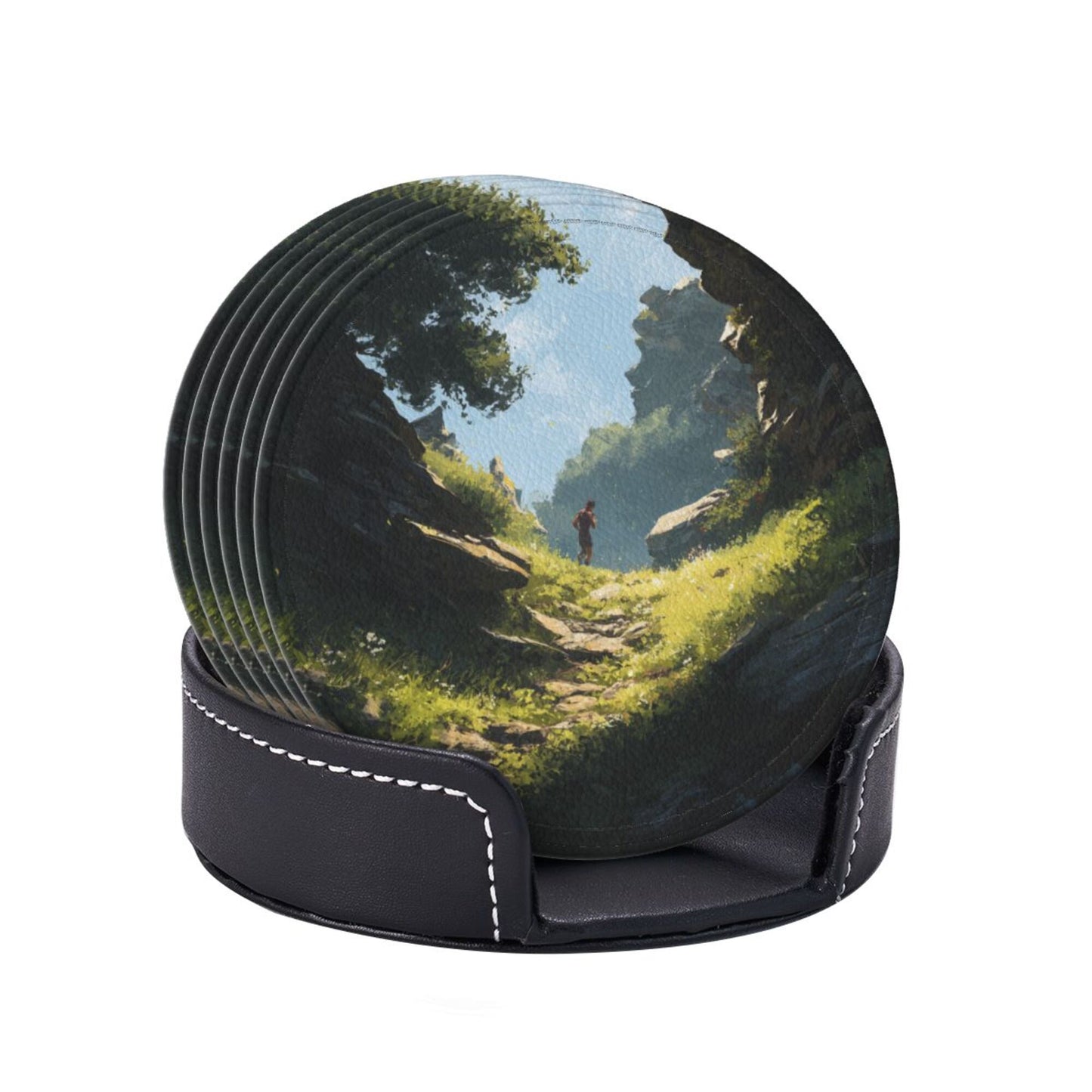 Vintage Landscape Art Round Coaster Set (6 Pieces with Storage Holder)
