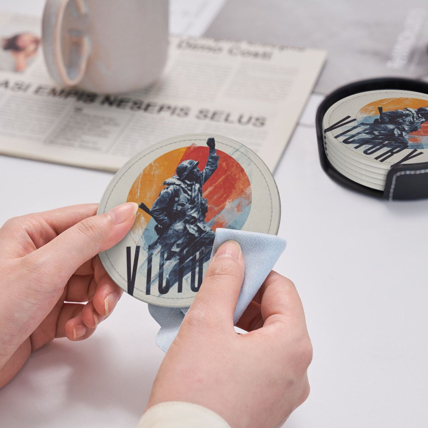 English Title: Retro Soldier Illustration Round Coaster Set with Leather Holder