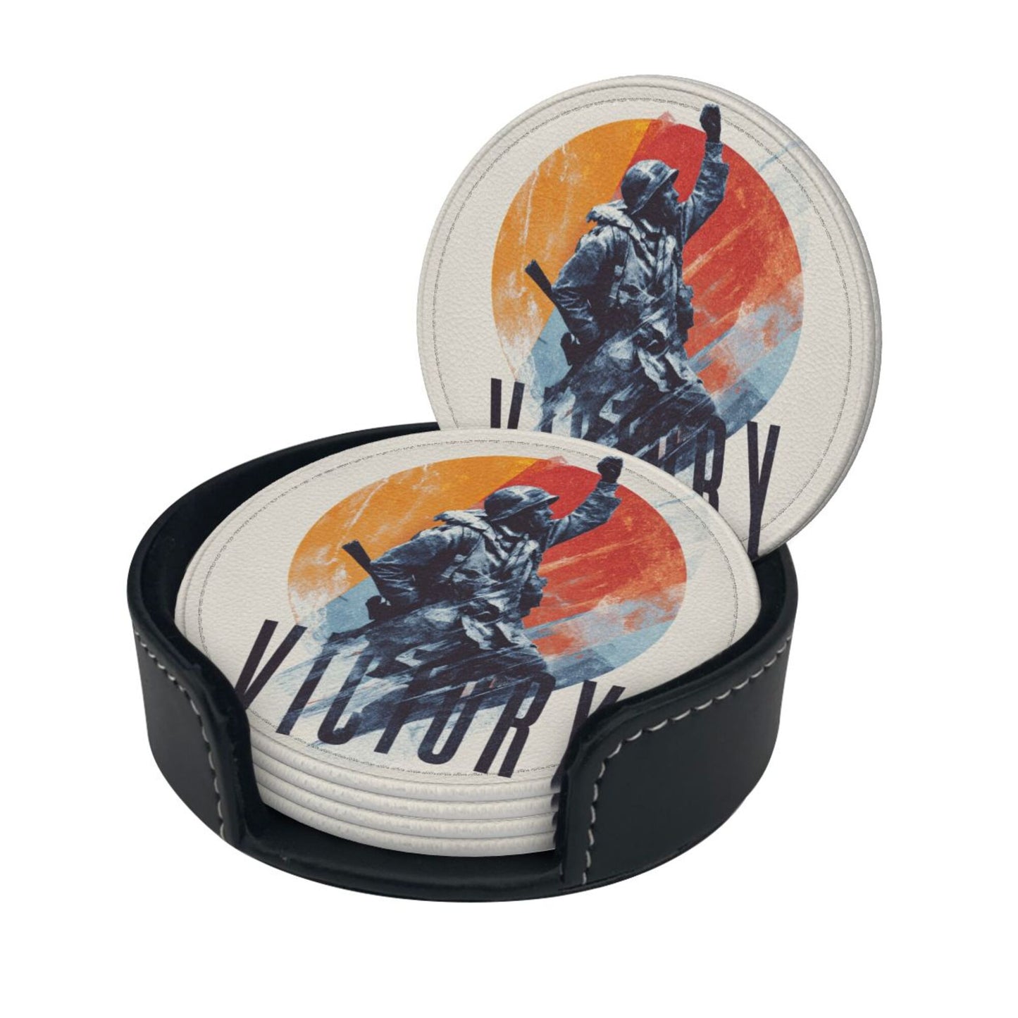 English Title: Retro Soldier Illustration Round Coaster Set with Leather Holder