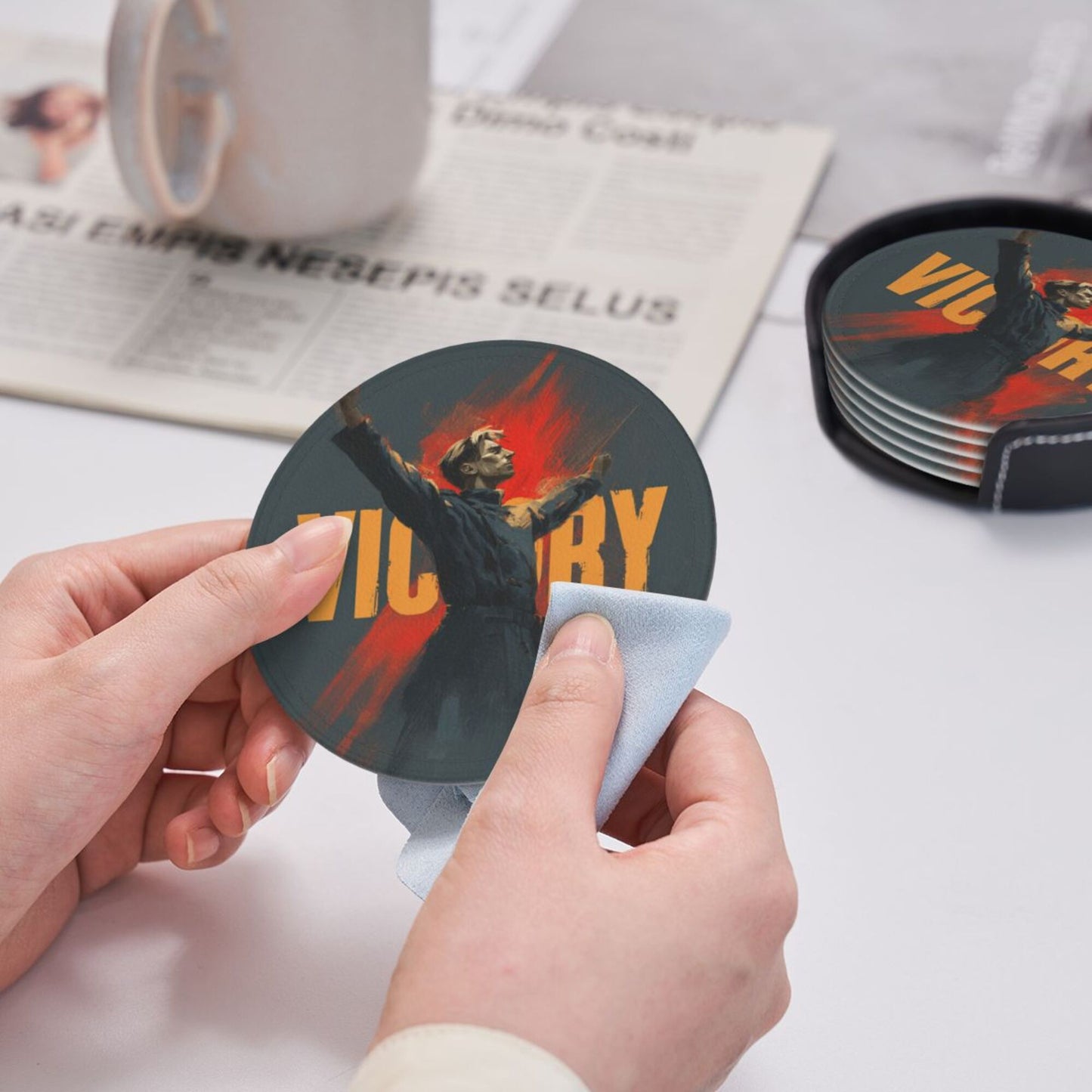 Retro Victory Soldier Illustration Round Coaster Set – Non-Slip Heat Resistant Leather Drink Mats