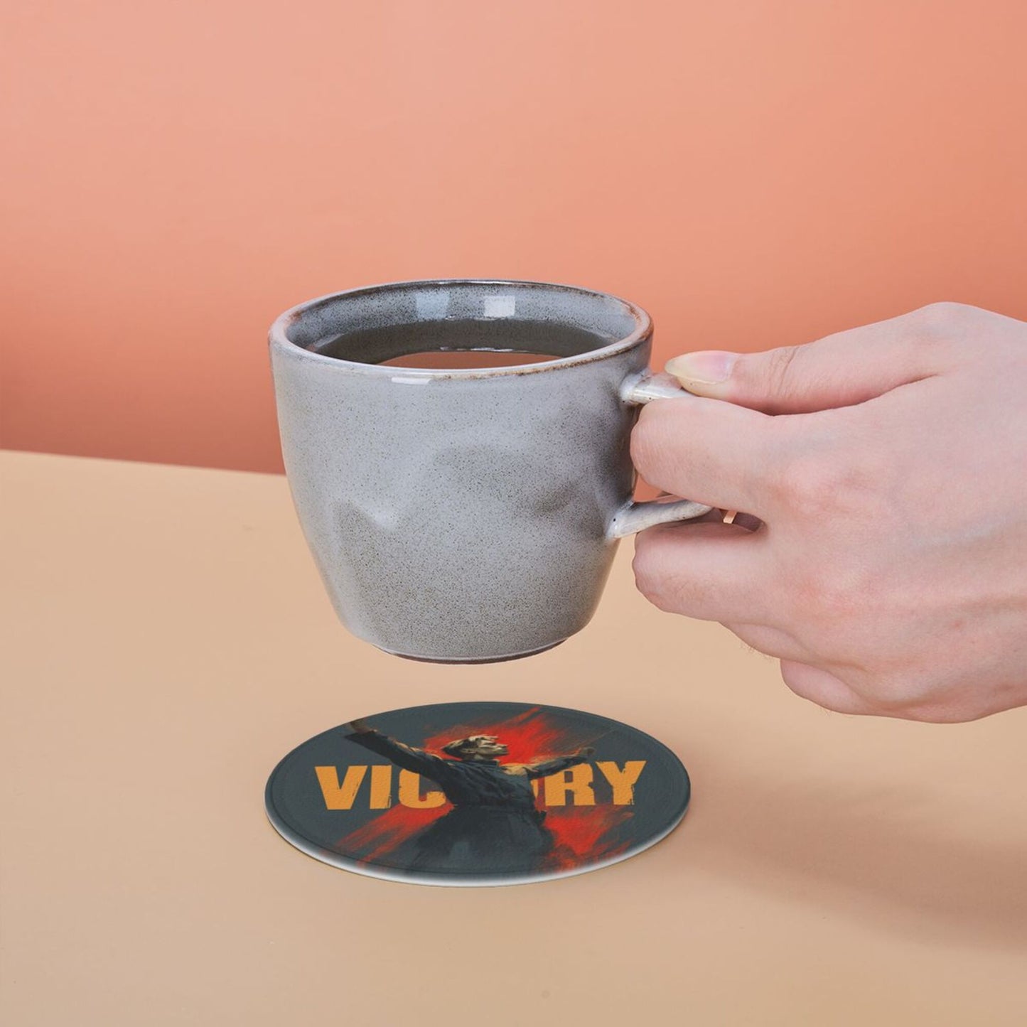 Retro Victory Soldier Illustration Round Coaster Set – Non-Slip Heat Resistant Leather Drink Mats