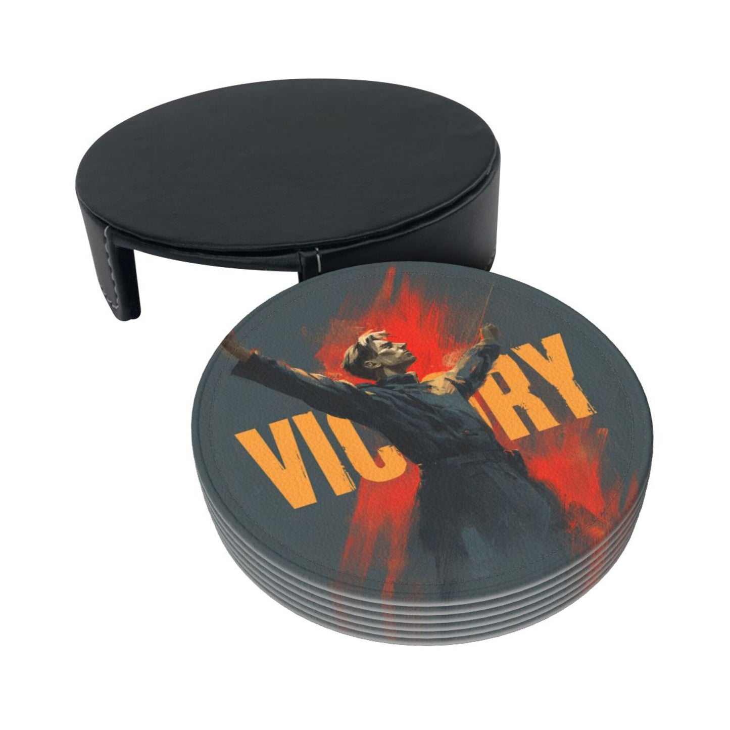 Retro Victory Soldier Illustration Round Coaster Set – Non-Slip Heat Resistant Leather Drink Mats