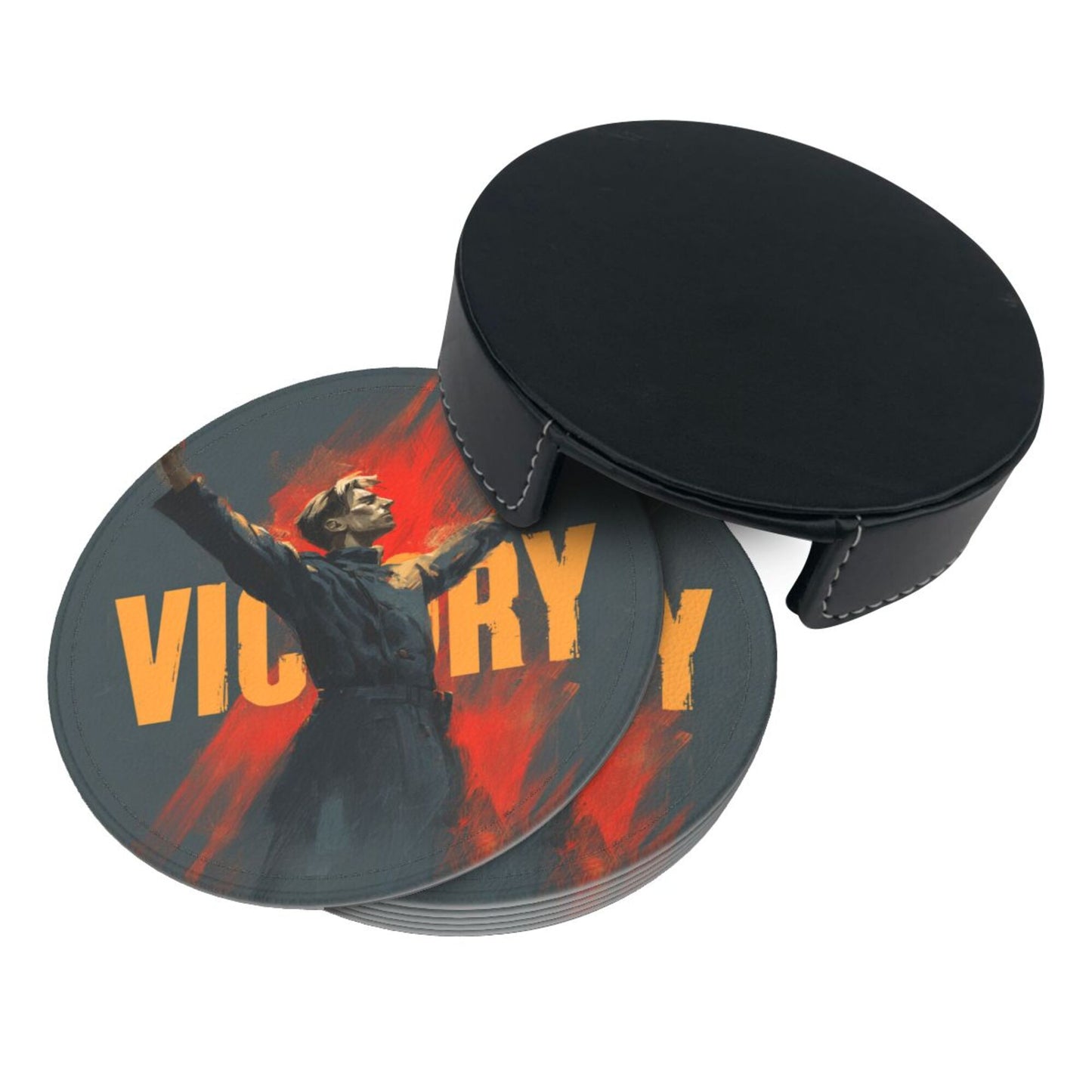 Retro Victory Soldier Illustration Round Coaster Set – Non-Slip Heat Resistant Leather Drink Mats