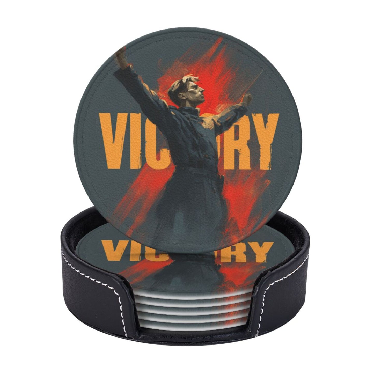 Retro Victory Soldier Illustration Round Coaster Set – Non-Slip Heat Resistant Leather Drink Mats