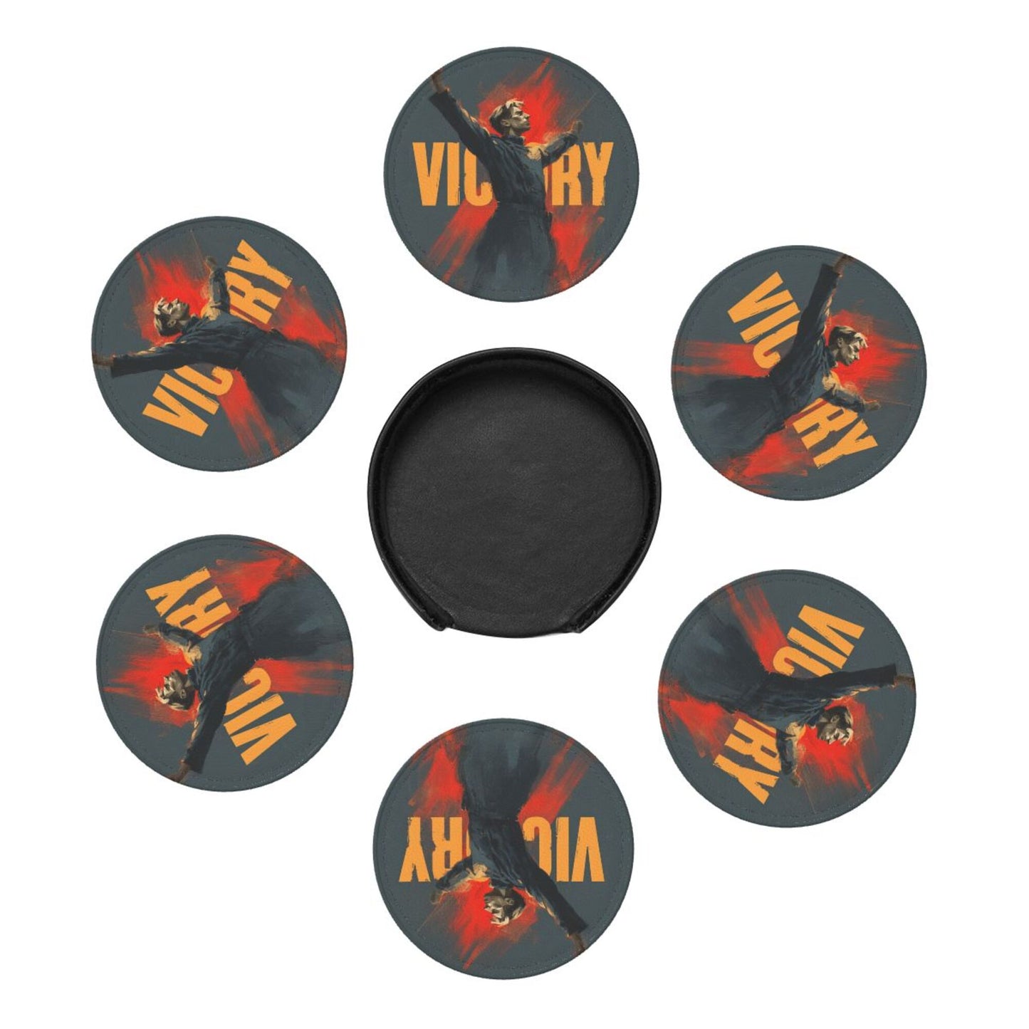 Retro Victory Soldier Illustration Round Coaster Set – Non-Slip Heat Resistant Leather Drink Mats