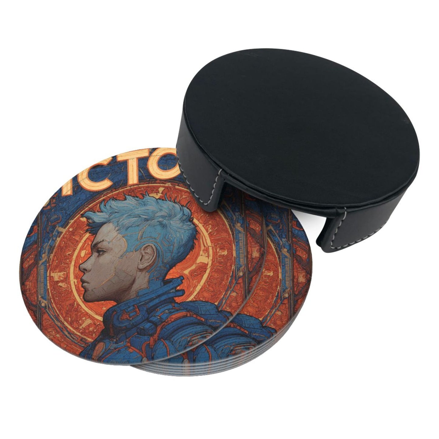 Retro Sci-Fi Blue-Haired Warrior Leather Coaster Set