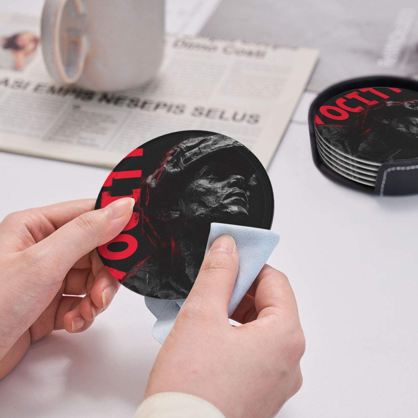 Black & White Artistic Soldier-Themed Coaster Set — Sculpture-Inspired Design