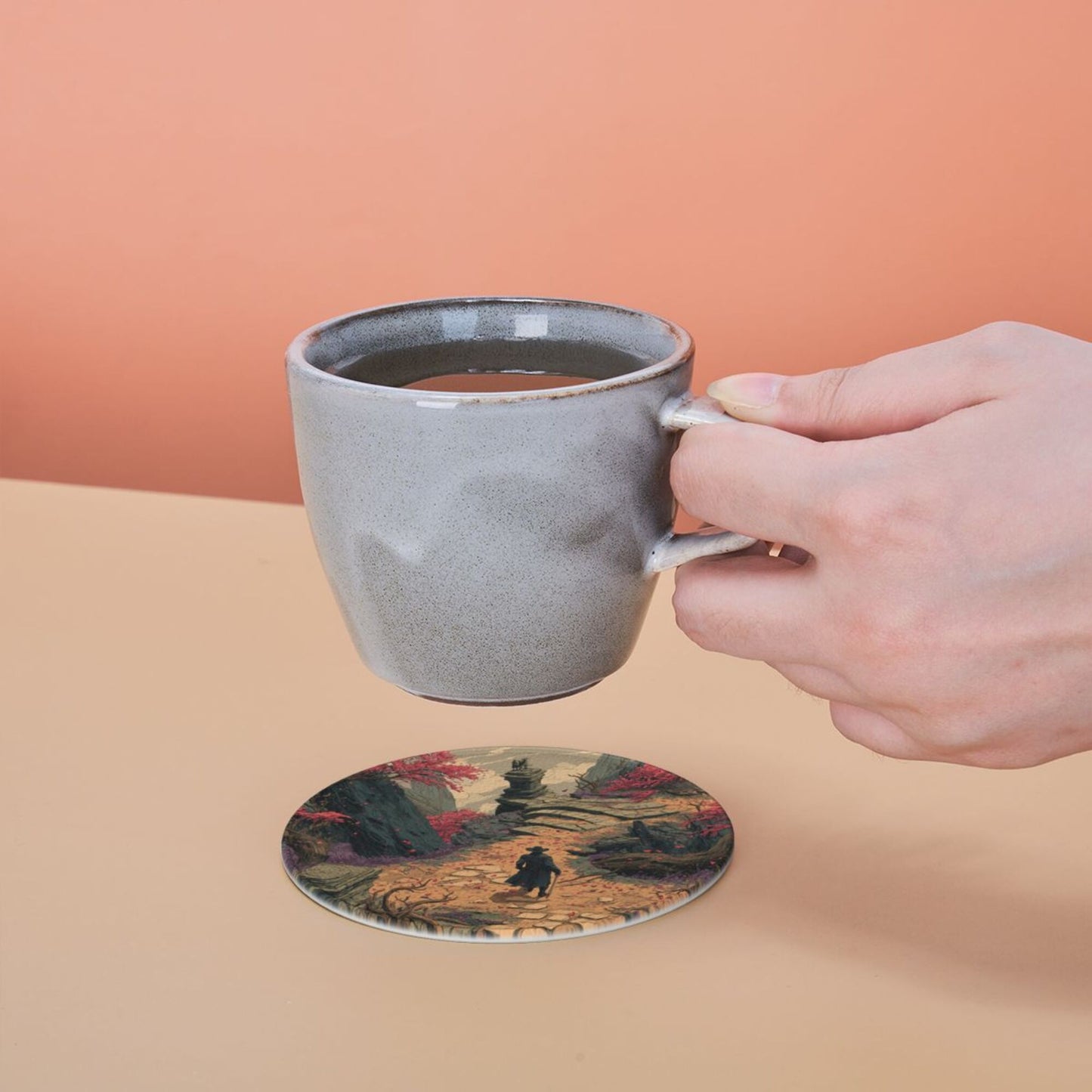 Vintage Fantasy Style Round Coaster Set with Leather Holder