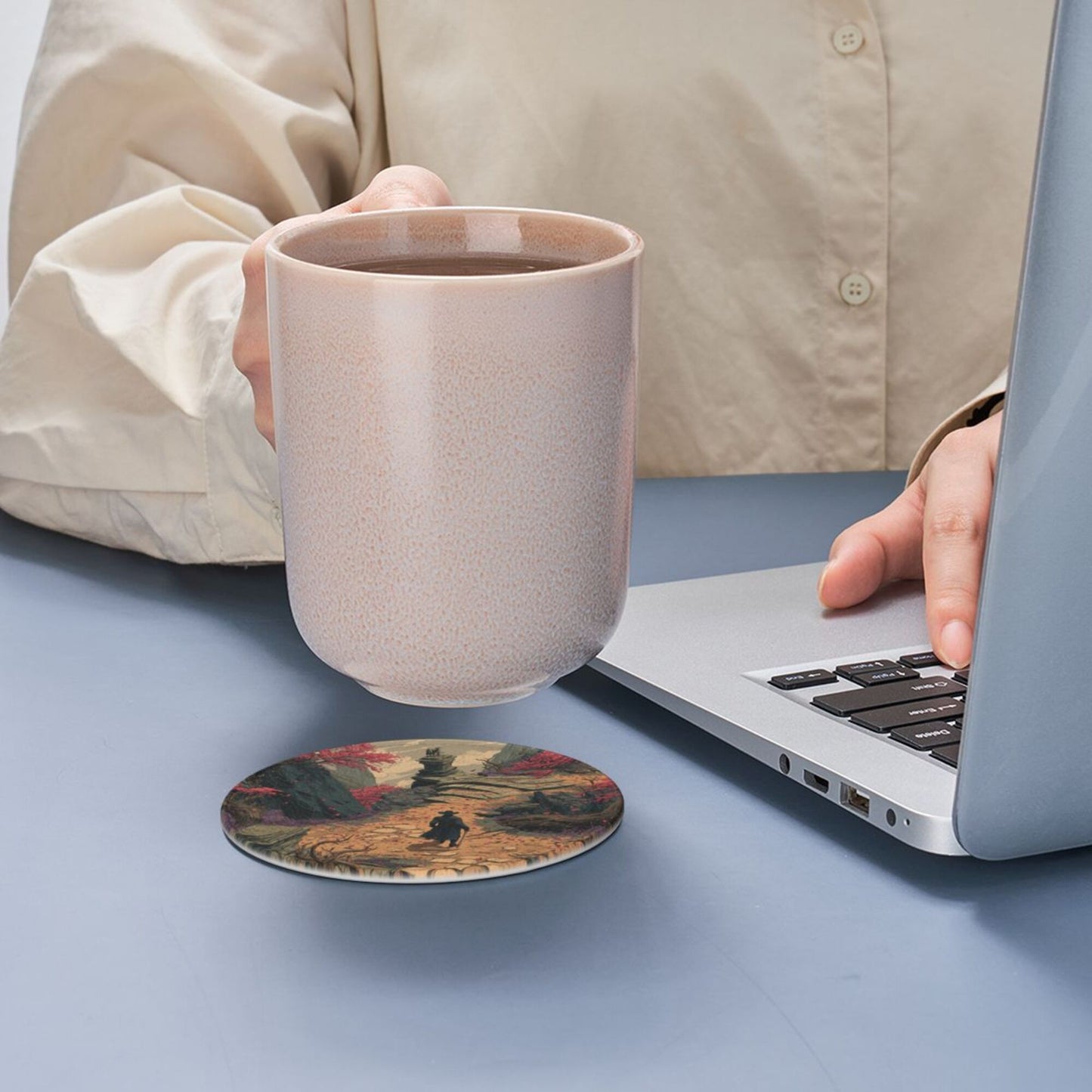Vintage Fantasy Style Round Coaster Set with Leather Holder