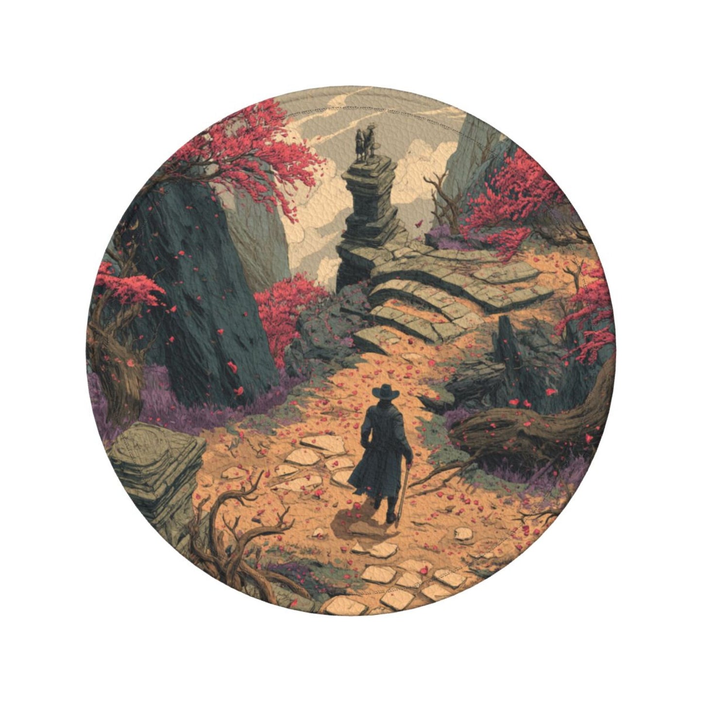 Vintage Fantasy Style Round Coaster Set with Leather Holder