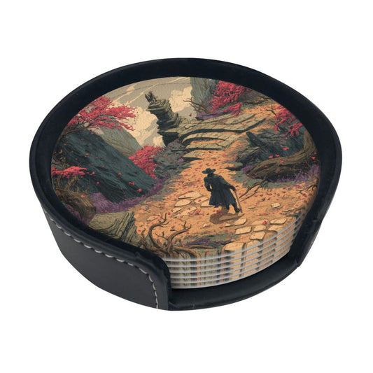Vintage Fantasy Style Round Coaster Set with Leather Holder