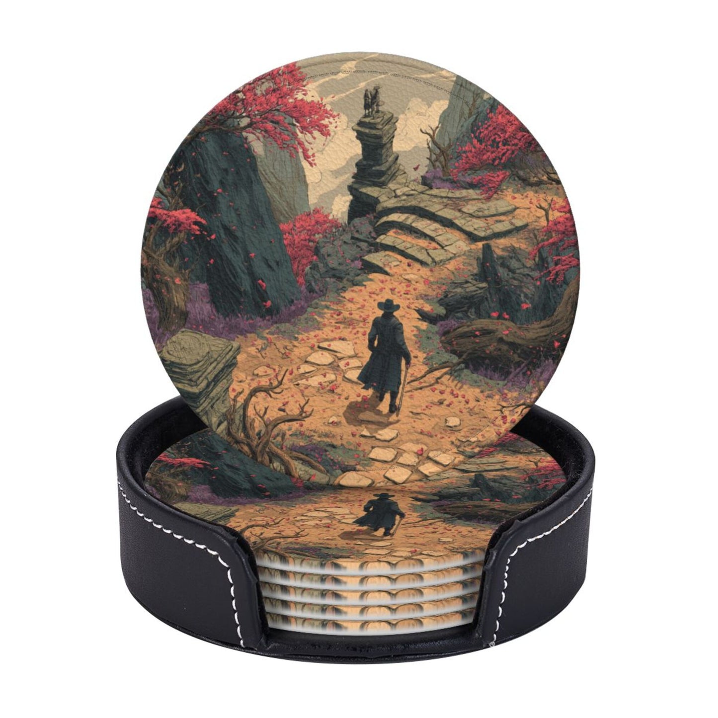 Vintage Fantasy Style Round Coaster Set with Leather Holder