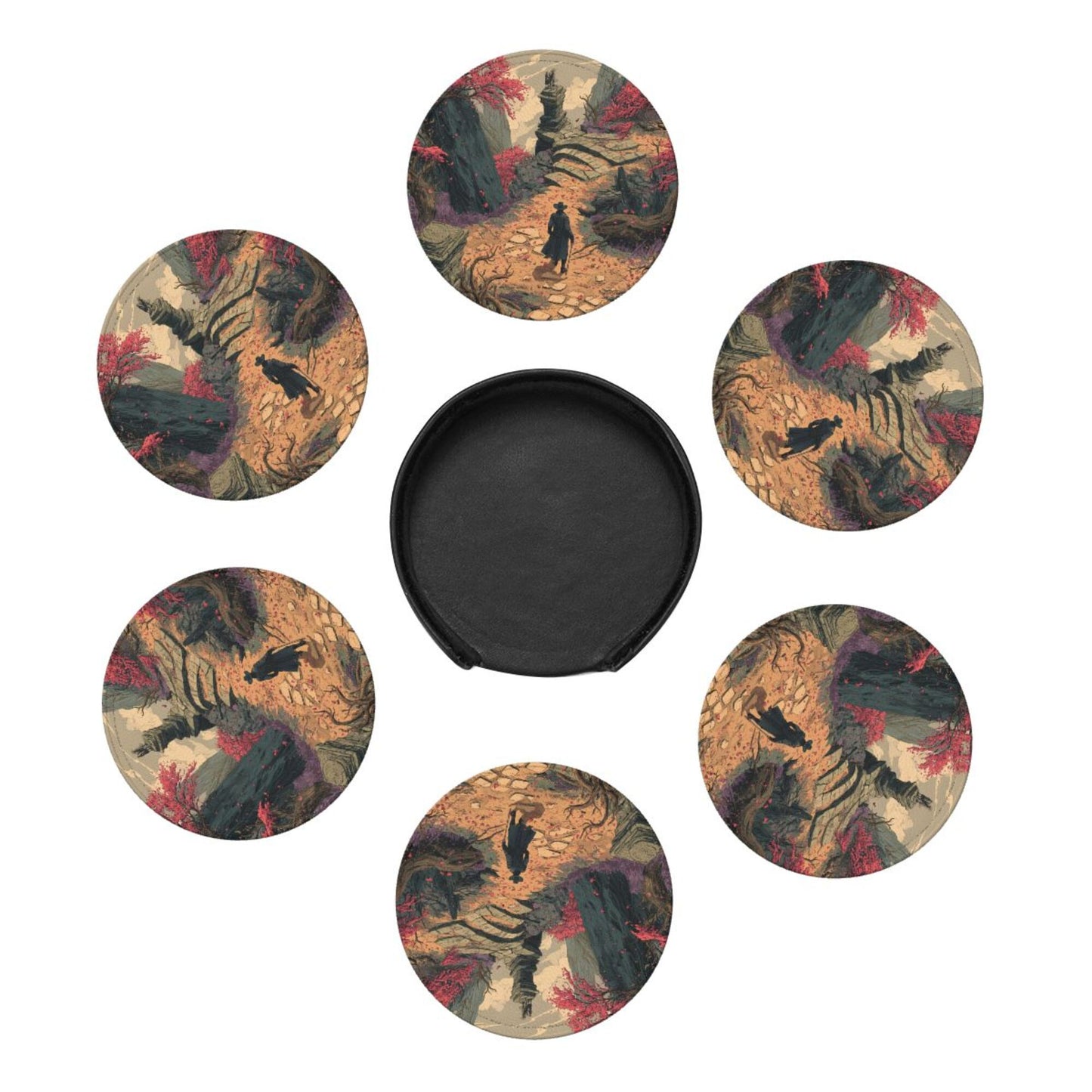 Vintage Fantasy Style Round Coaster Set with Leather Holder