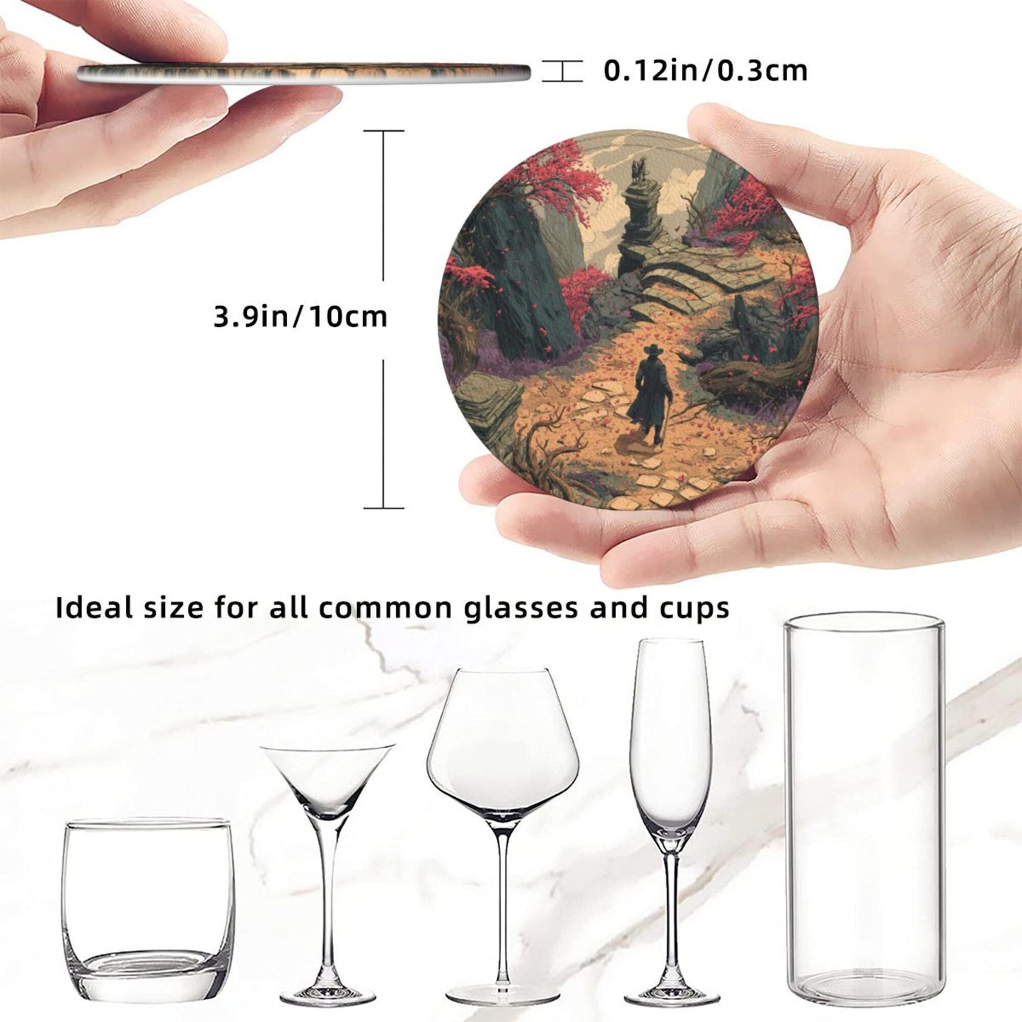 Vintage Fantasy Style Round Coaster Set with Leather Holder
