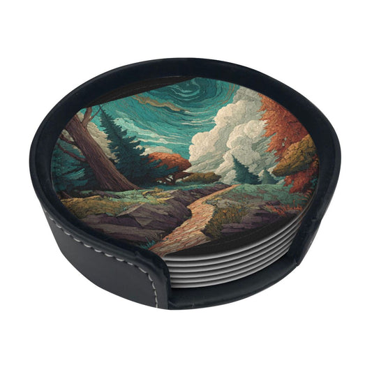 Vintage Art Landscape Round Coaster Set with Holder – Nature Path & Forest Illustration Design