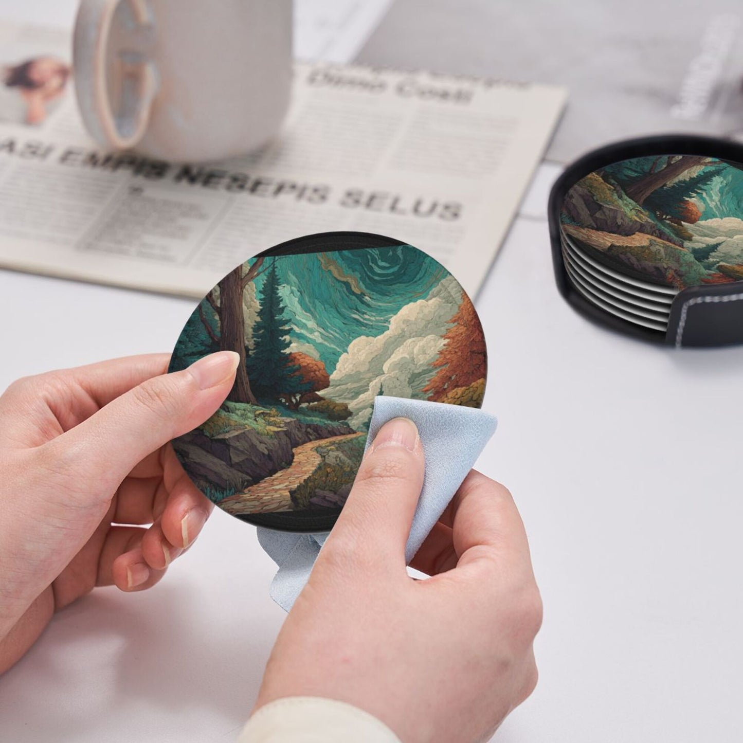 Vintage Art Landscape Round Coaster Set with Holder – Nature Path & Forest Illustration Design