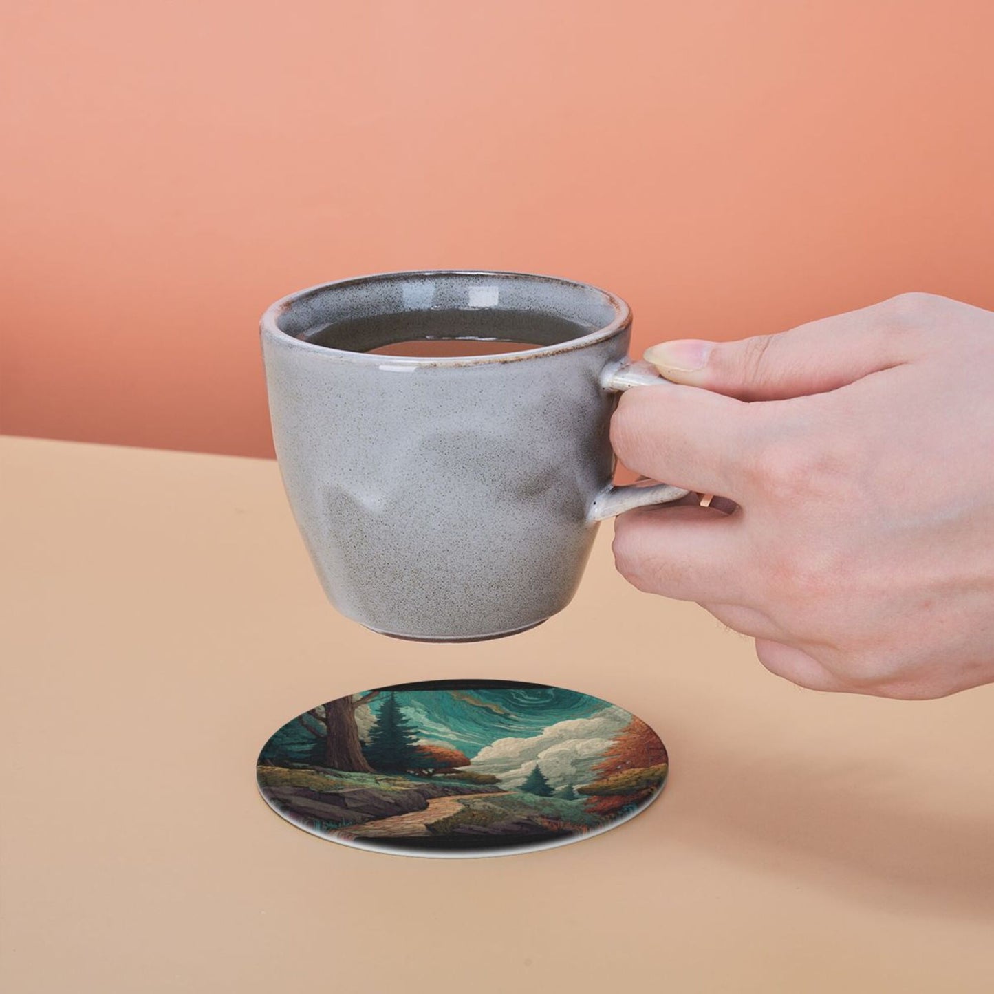 Vintage Art Landscape Round Coaster Set with Holder – Nature Path & Forest Illustration Design