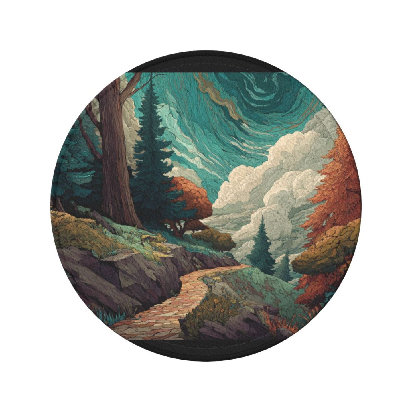 Vintage Art Landscape Round Coaster Set with Holder – Nature Path & Forest Illustration Design