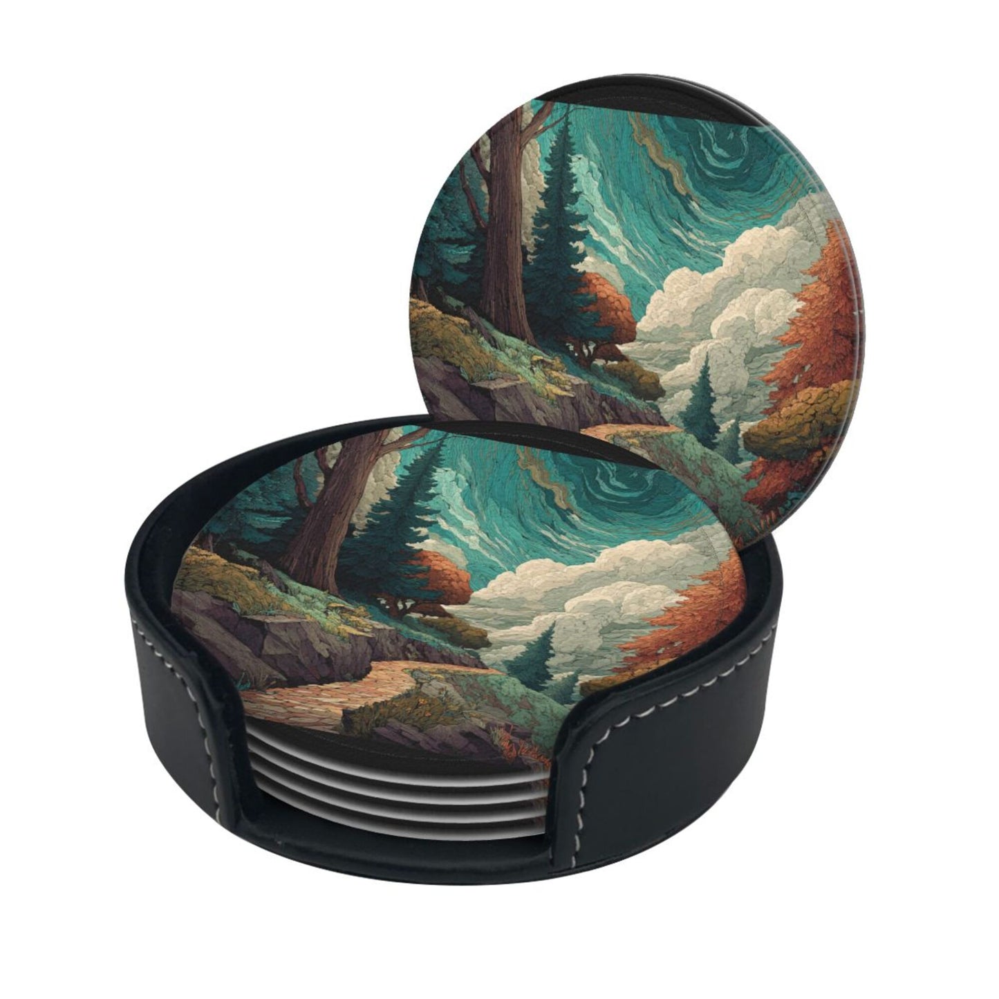 Vintage Art Landscape Round Coaster Set with Holder – Nature Path & Forest Illustration Design