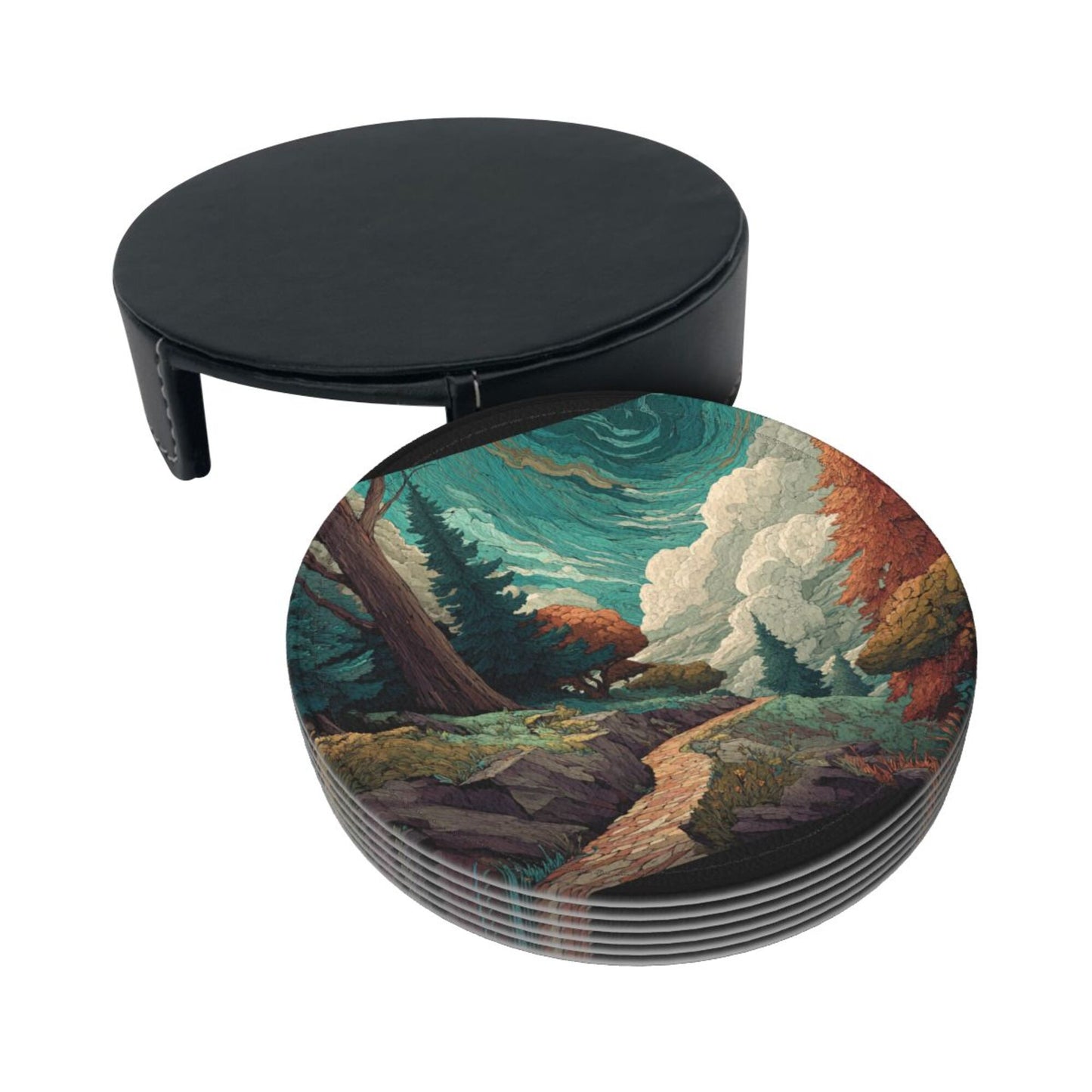 Vintage Art Landscape Round Coaster Set with Holder – Nature Path & Forest Illustration Design