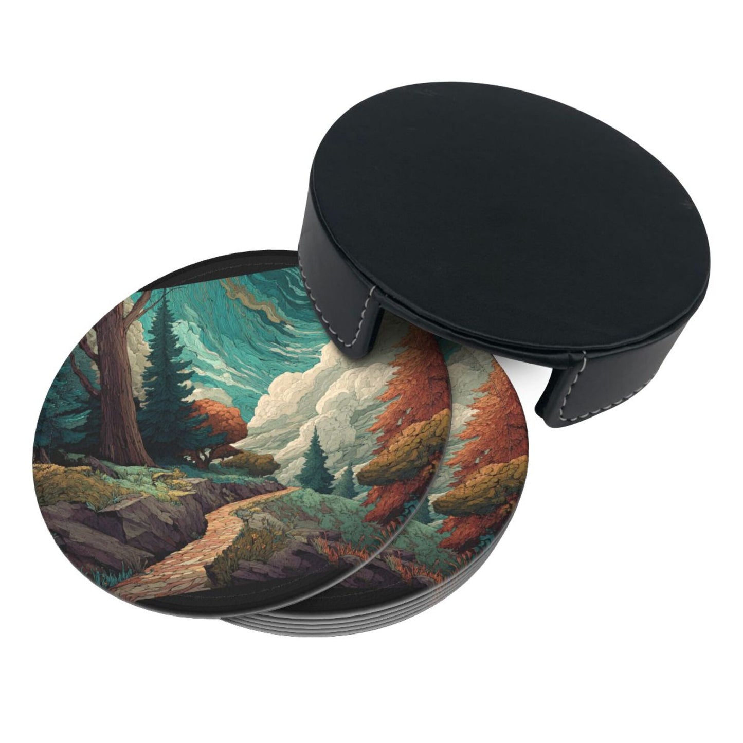 Vintage Art Landscape Round Coaster Set with Holder – Nature Path & Forest Illustration Design