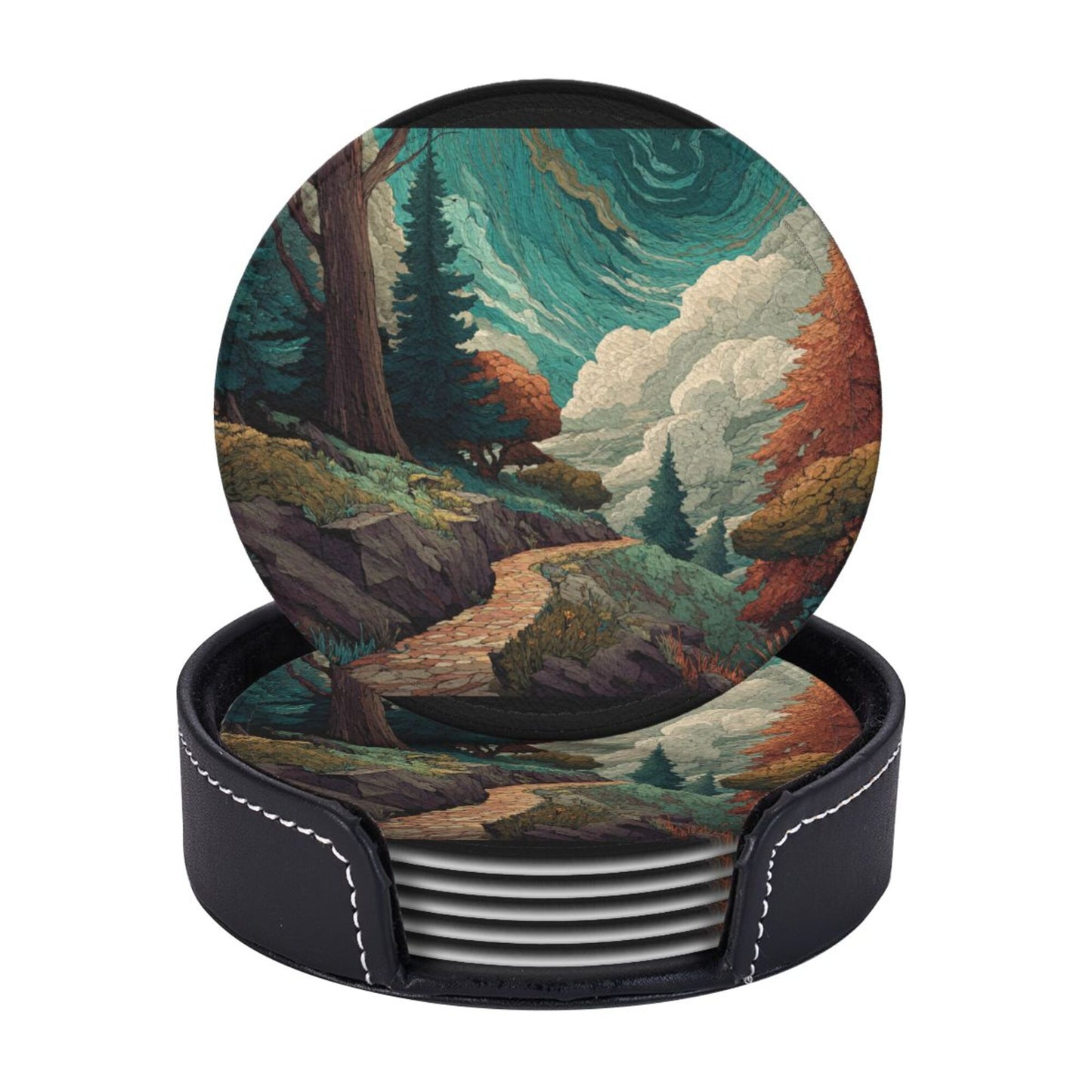 Vintage Art Landscape Round Coaster Set with Holder – Nature Path & Forest Illustration Design