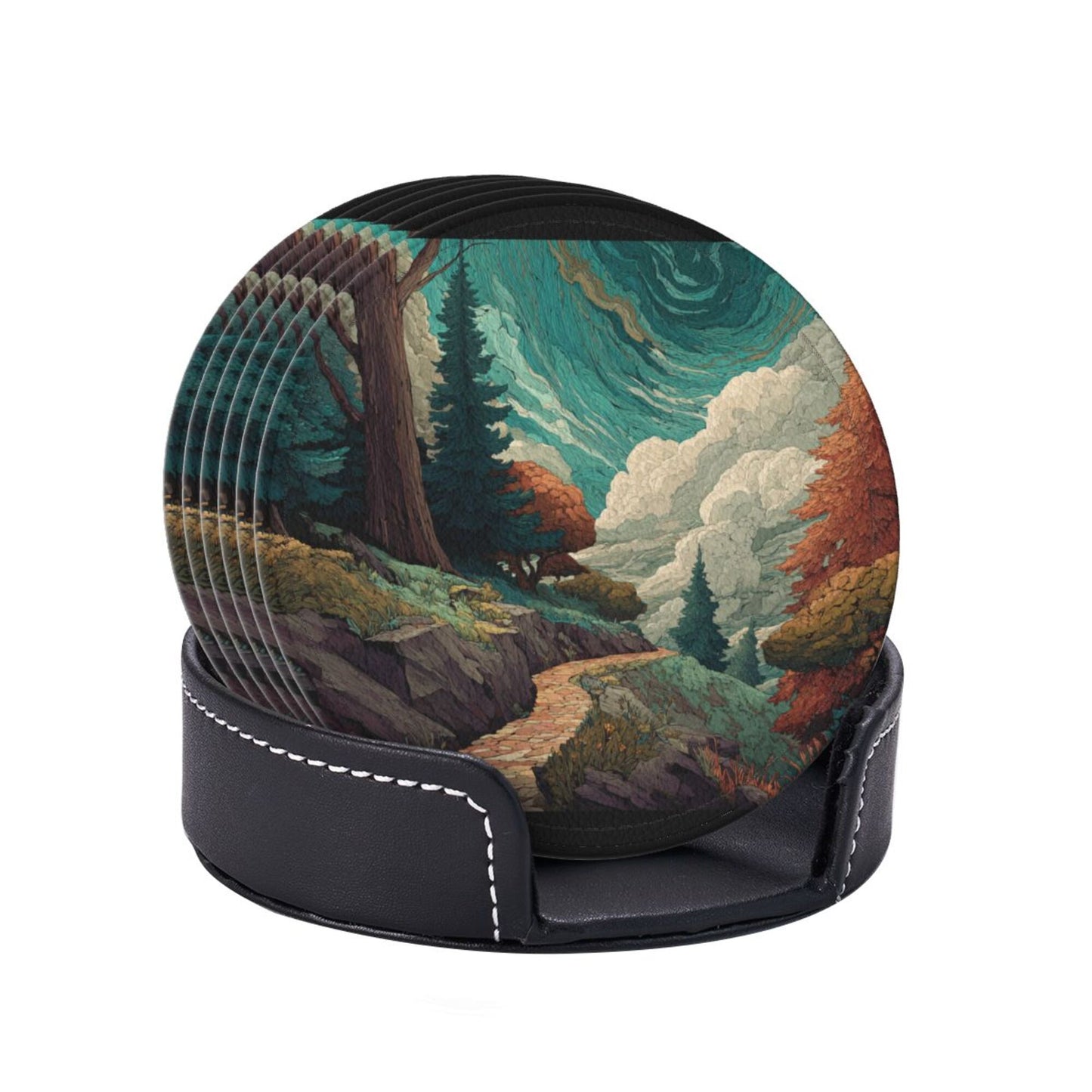 Vintage Art Landscape Round Coaster Set with Holder – Nature Path & Forest Illustration Design