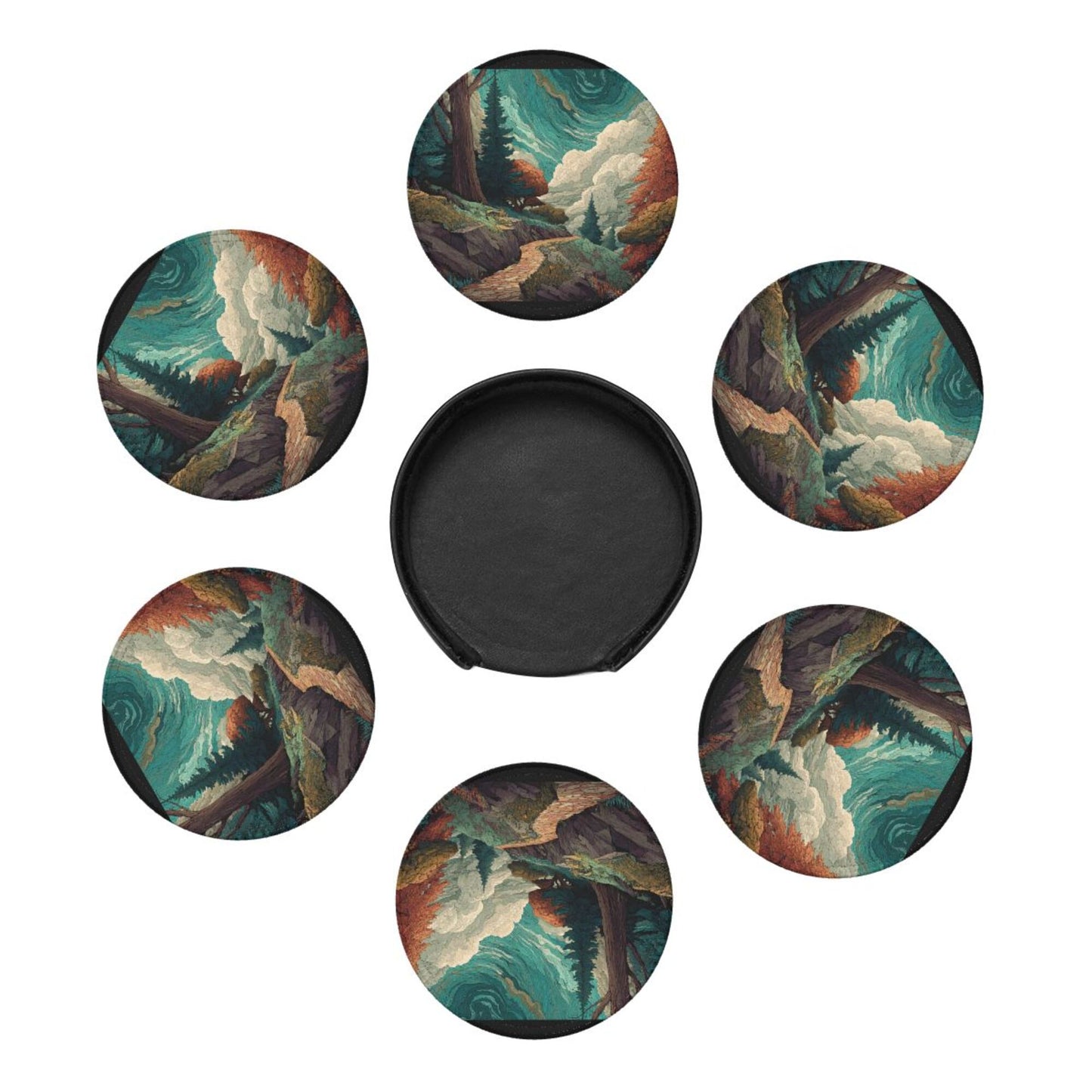 Vintage Art Landscape Round Coaster Set with Holder – Nature Path & Forest Illustration Design