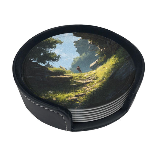 Vintage Landscape Art Round Coaster Set (6 Pieces with Storage Holder)
