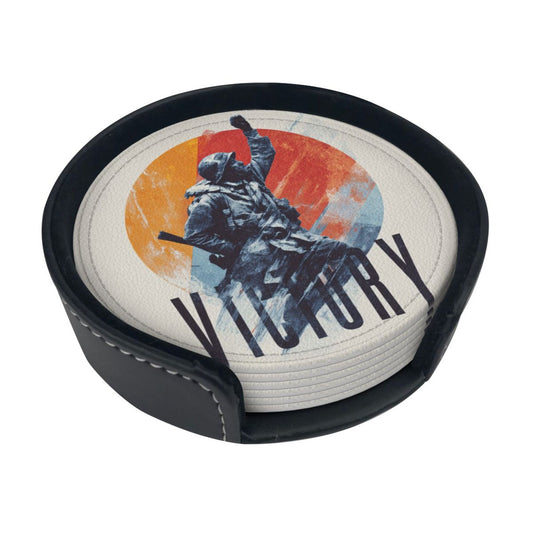 English Title: Retro Soldier Illustration Round Coaster Set with Leather Holder