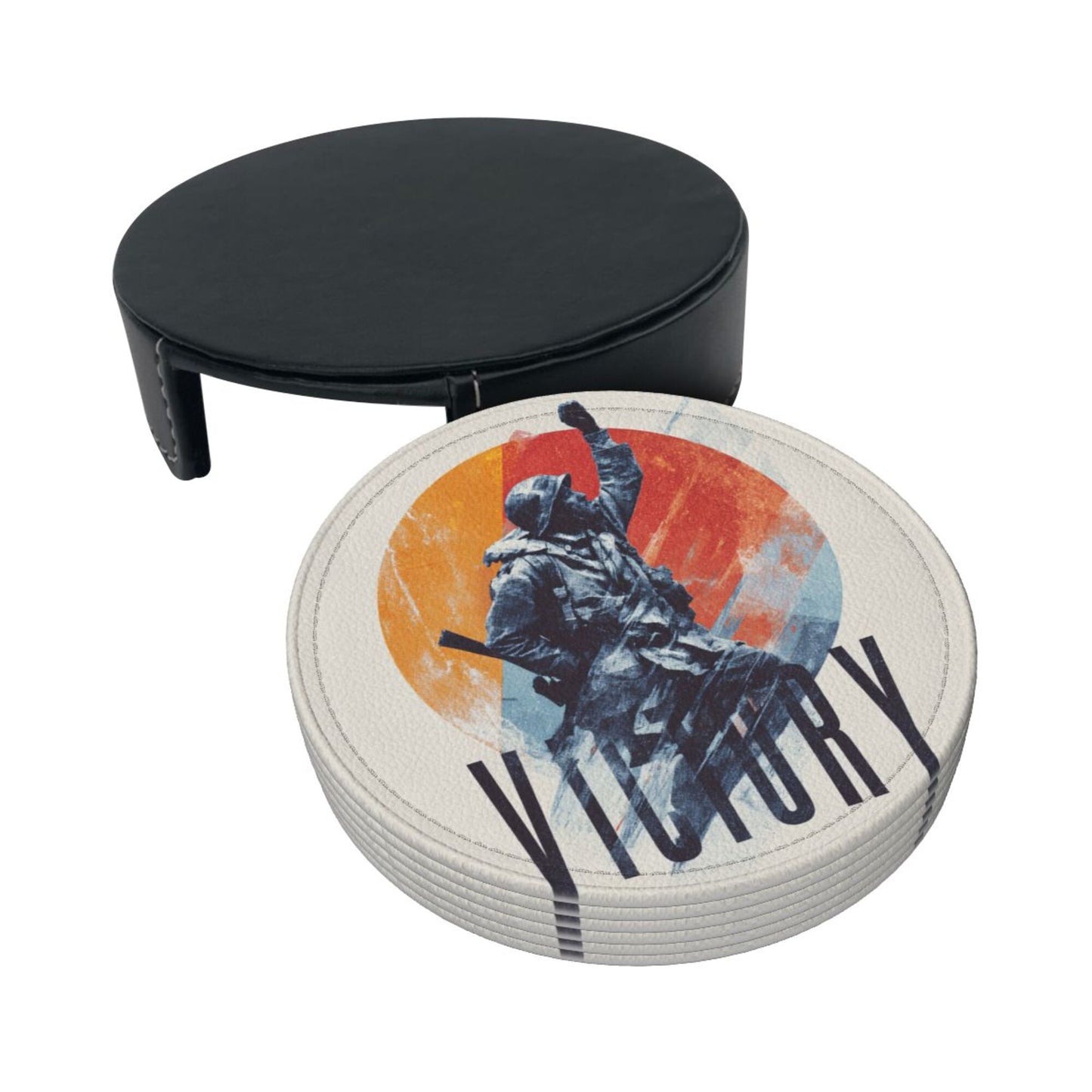 English Title: Retro Soldier Illustration Round Coaster Set with Leather Holder