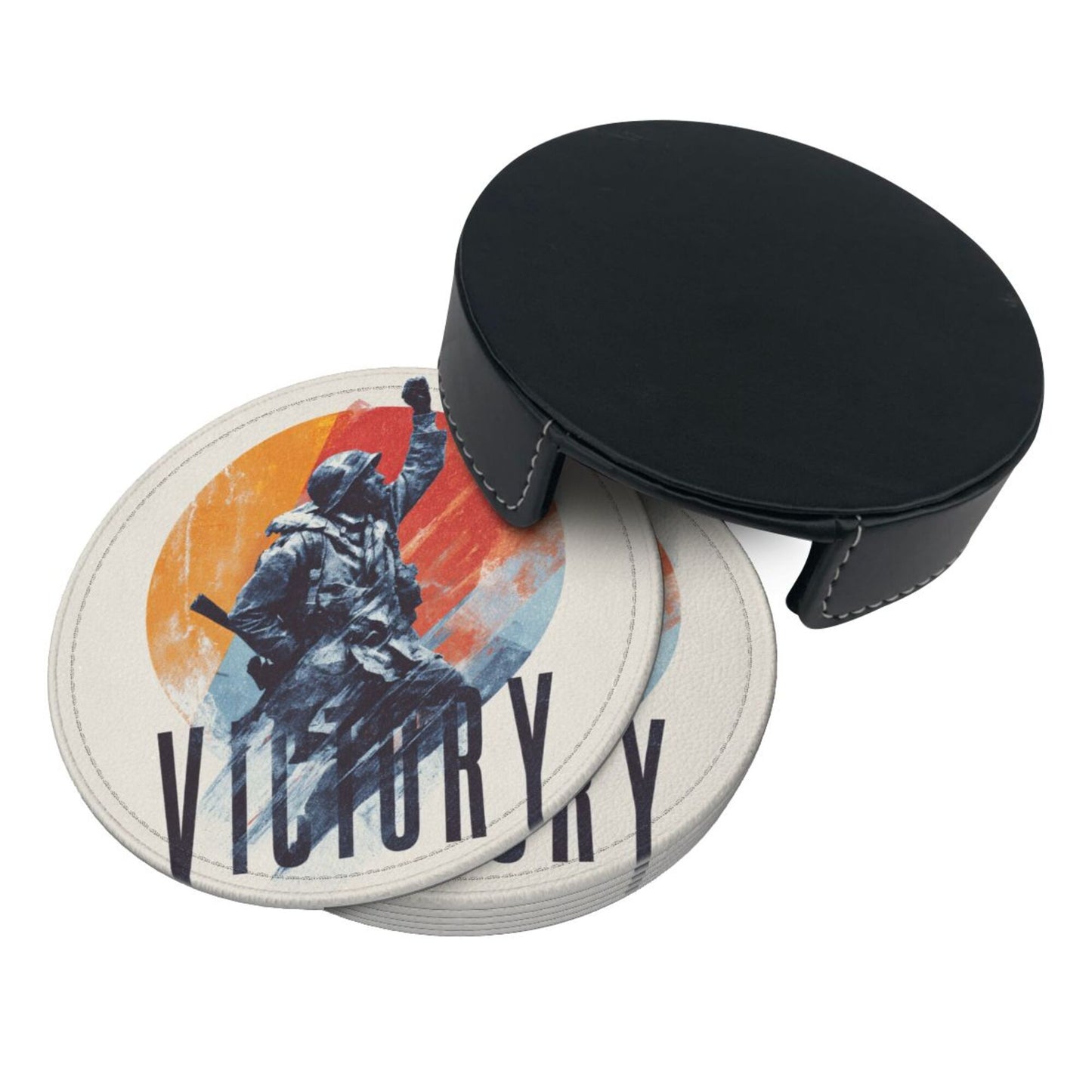 English Title: Retro Soldier Illustration Round Coaster Set with Leather Holder
