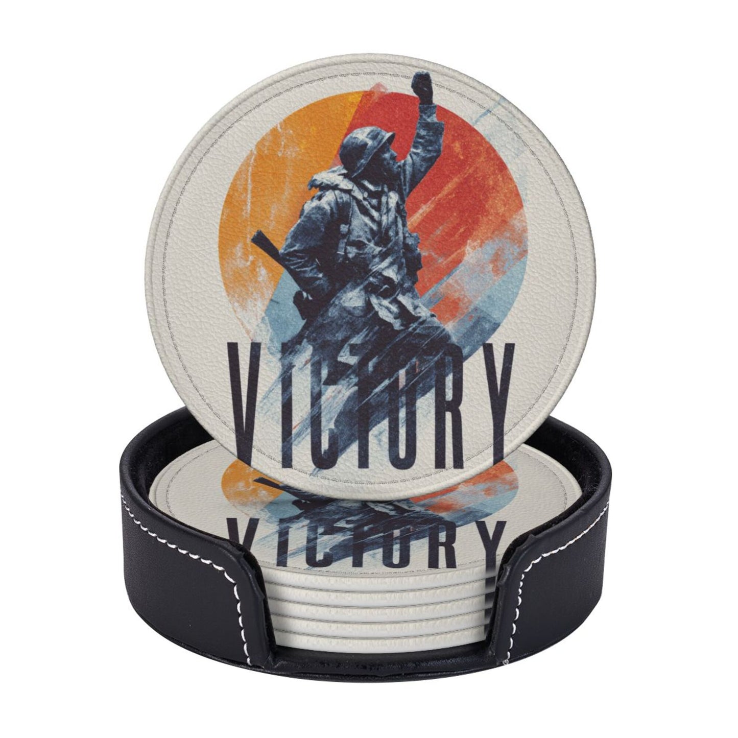 English Title: Retro Soldier Illustration Round Coaster Set with Leather Holder