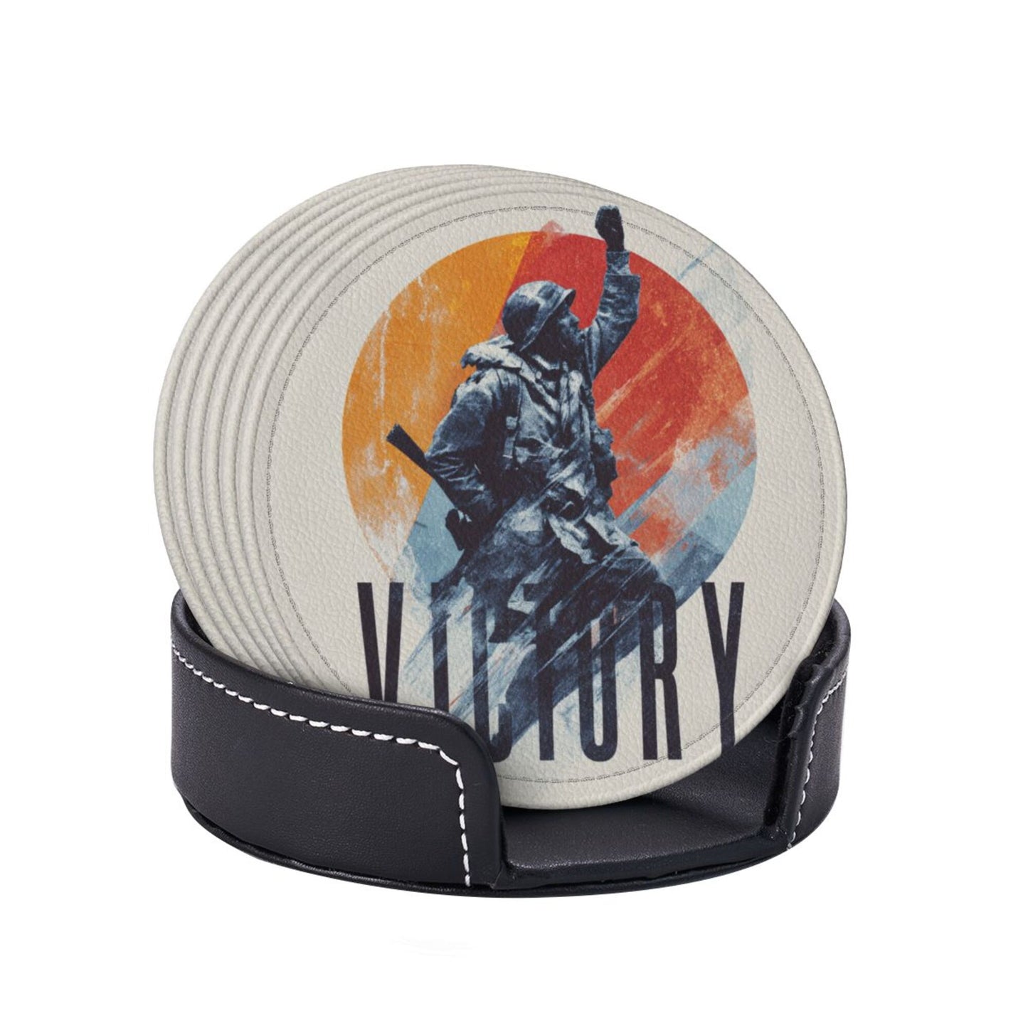 English Title: Retro Soldier Illustration Round Coaster Set with Leather Holder