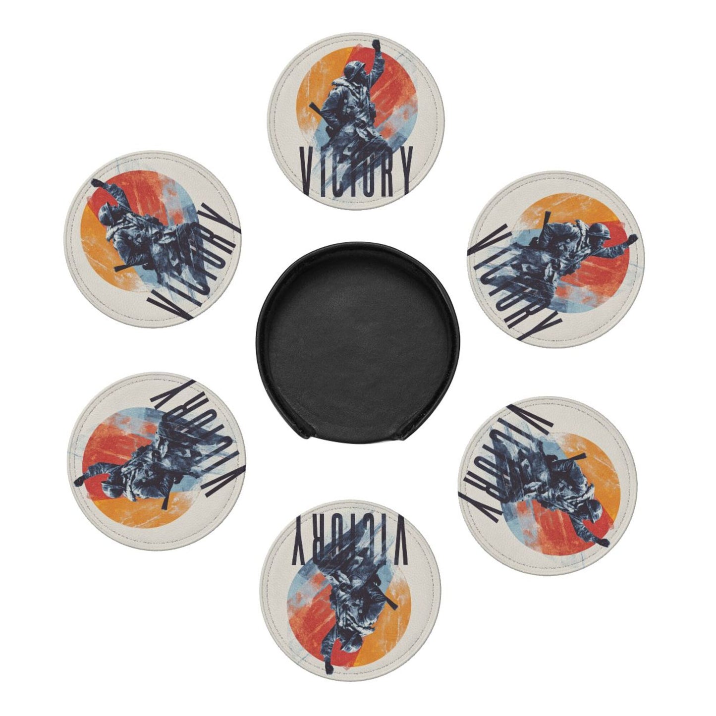 English Title: Retro Soldier Illustration Round Coaster Set with Leather Holder