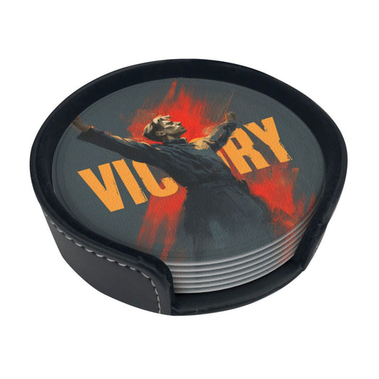 Retro Victory Soldier Illustration Round Coaster Set  – Non-Slip Heat Resistant Leather Drink Mats