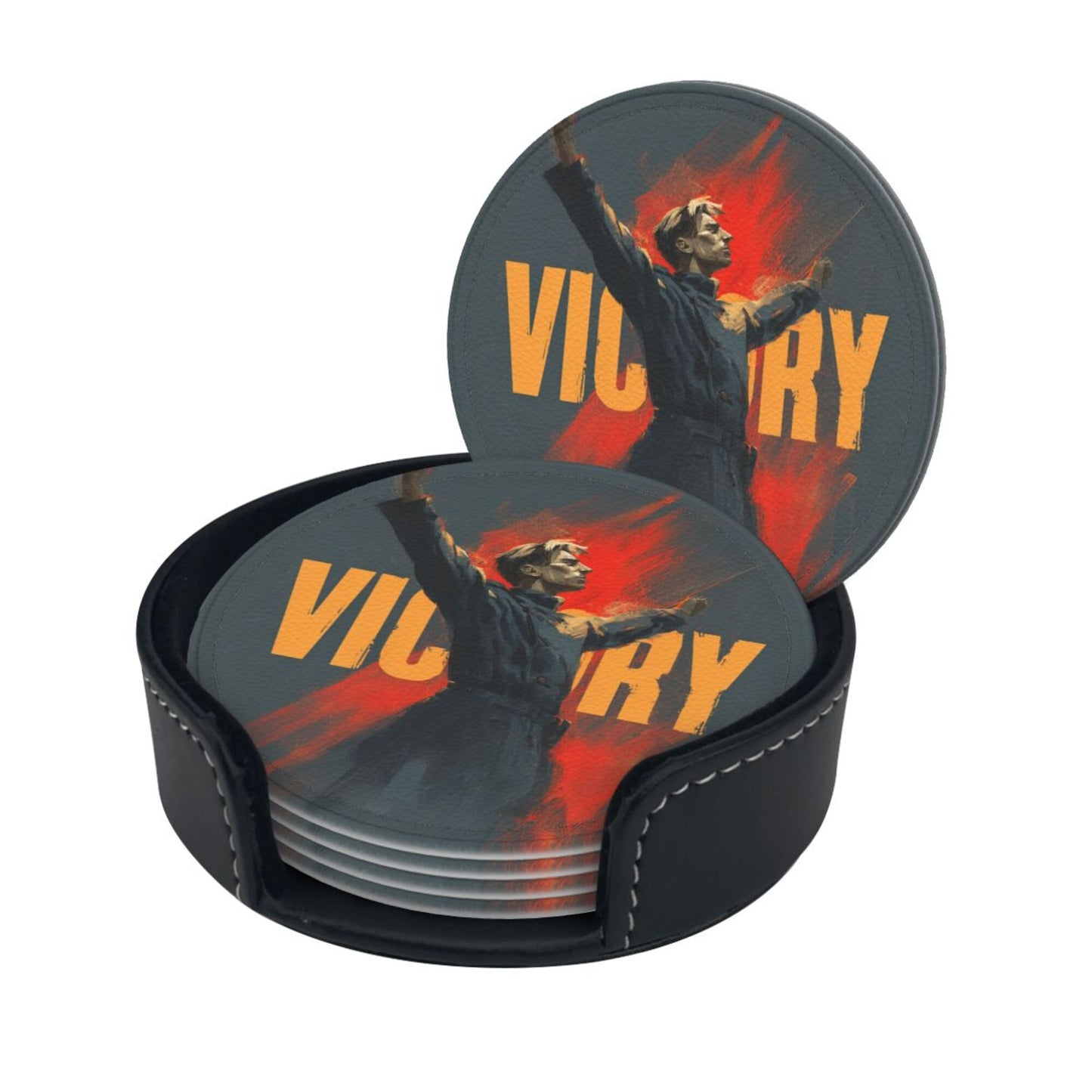 Retro Victory Soldier Illustration Round Coaster Set  – Non-Slip Heat Resistant Leather Drink Mats