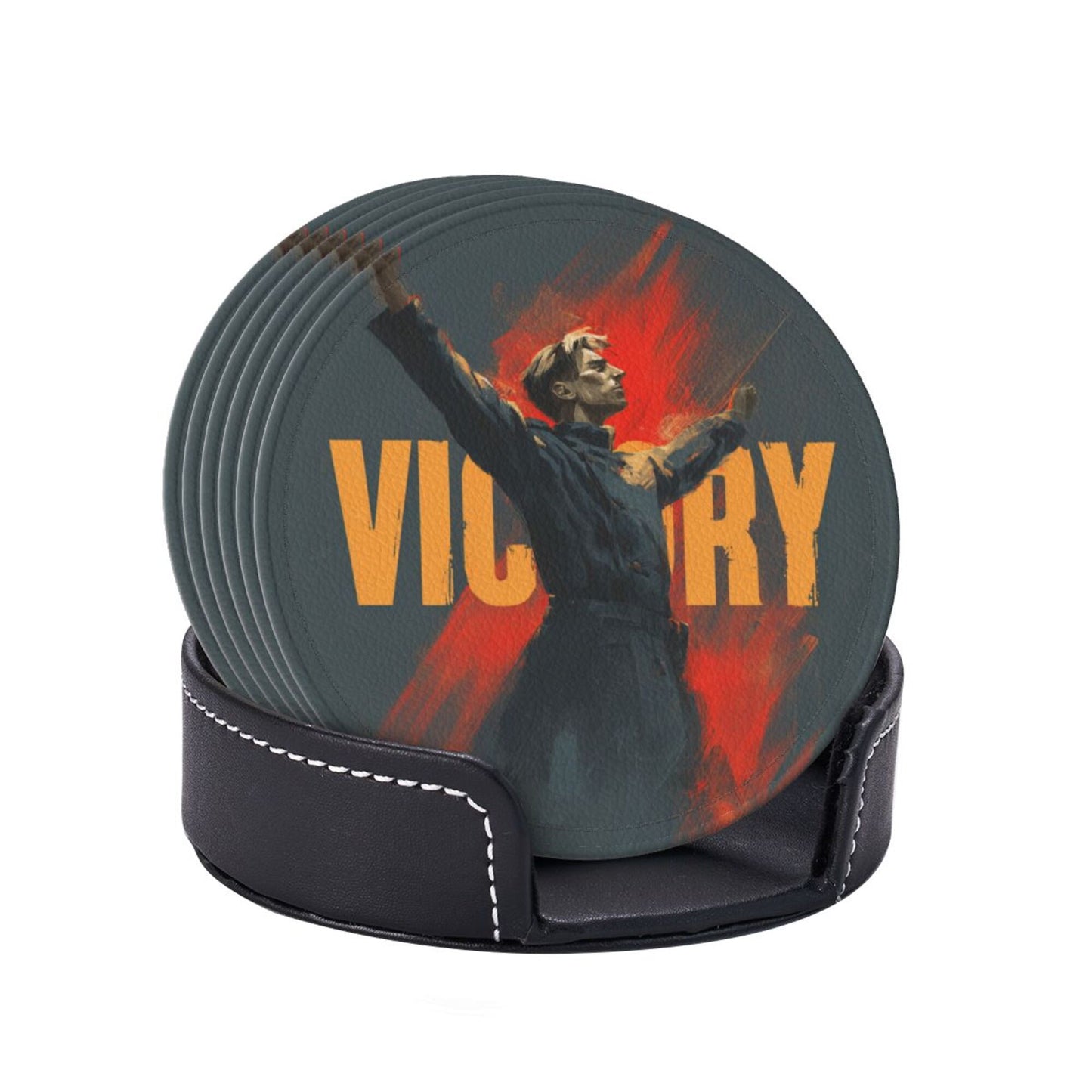 Retro Victory Soldier Illustration Round Coaster Set  – Non-Slip Heat Resistant Leather Drink Mats
