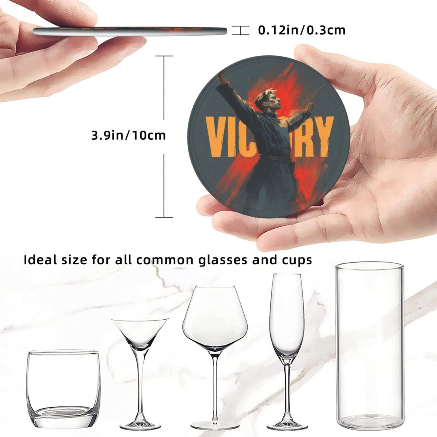 Retro Victory Soldier Illustration Round Coaster Set  – Non-Slip Heat Resistant Leather Drink Mats