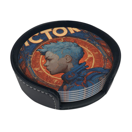 Retro Sci-Fi Blue-Haired Warrior Leather Coaster Set