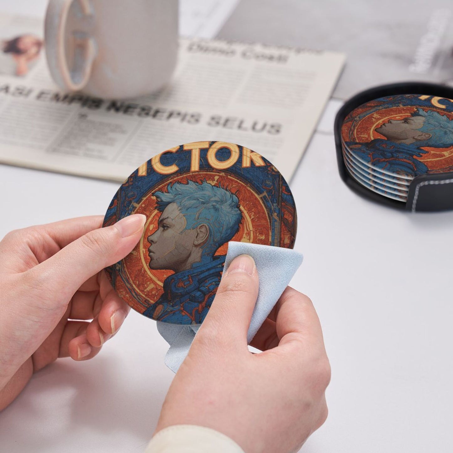Retro Sci-Fi Blue-Haired Warrior Leather Coaster Set