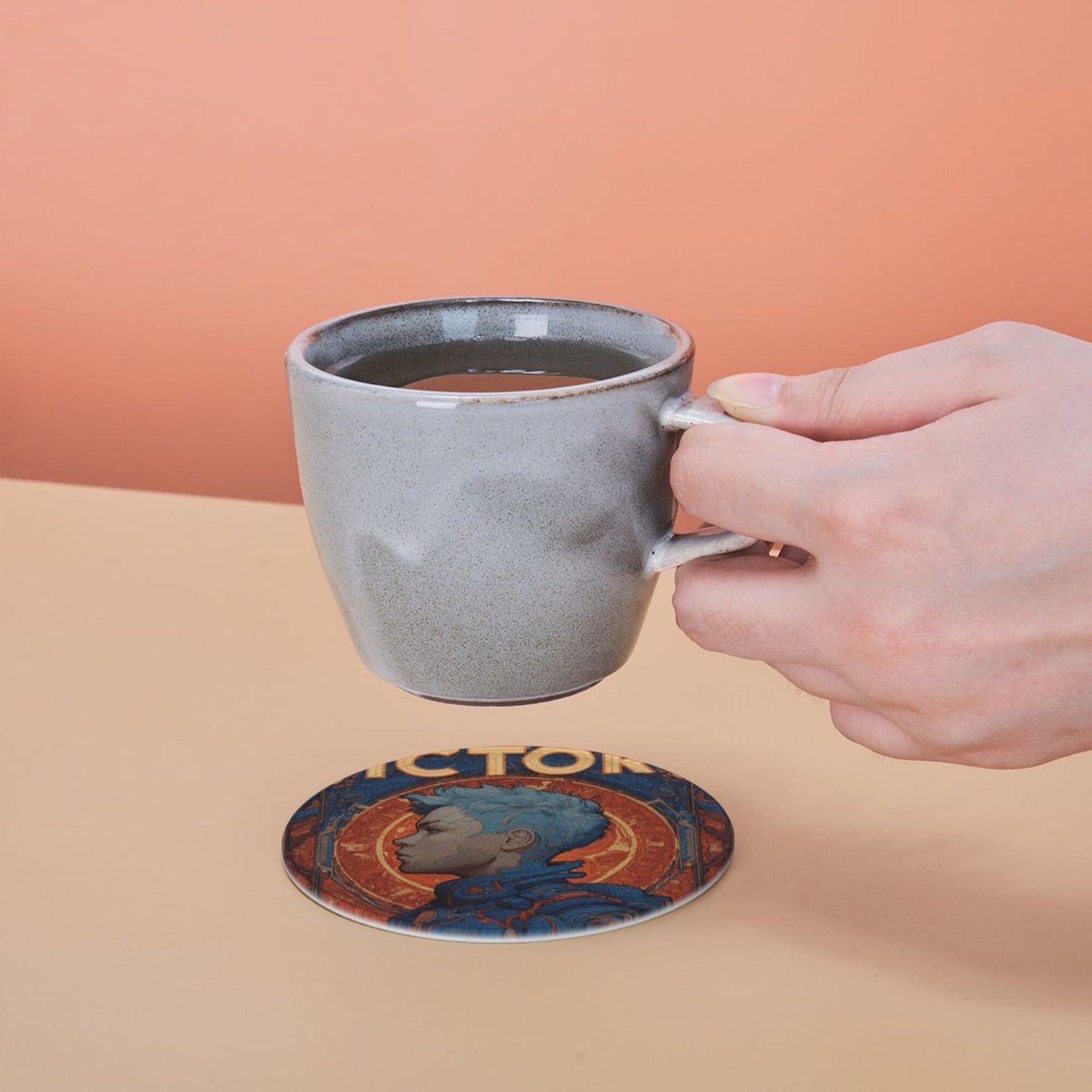 Retro Sci-Fi Blue-Haired Warrior Leather Coaster Set